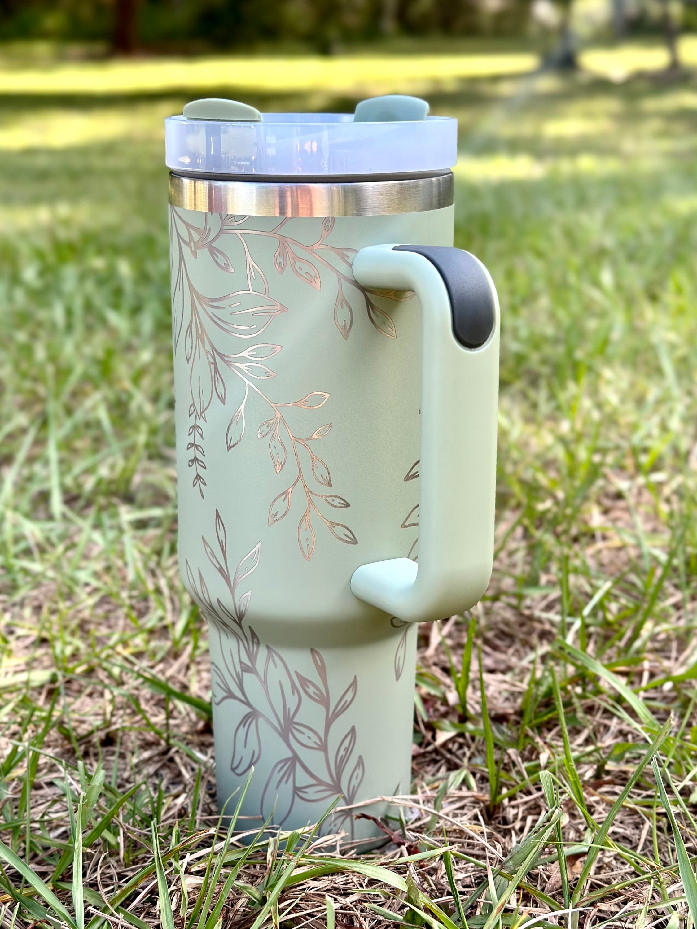 Greenery 40 oz Stainless Steel Insulated Tumbler with Handle, Laser Engraved tumbler