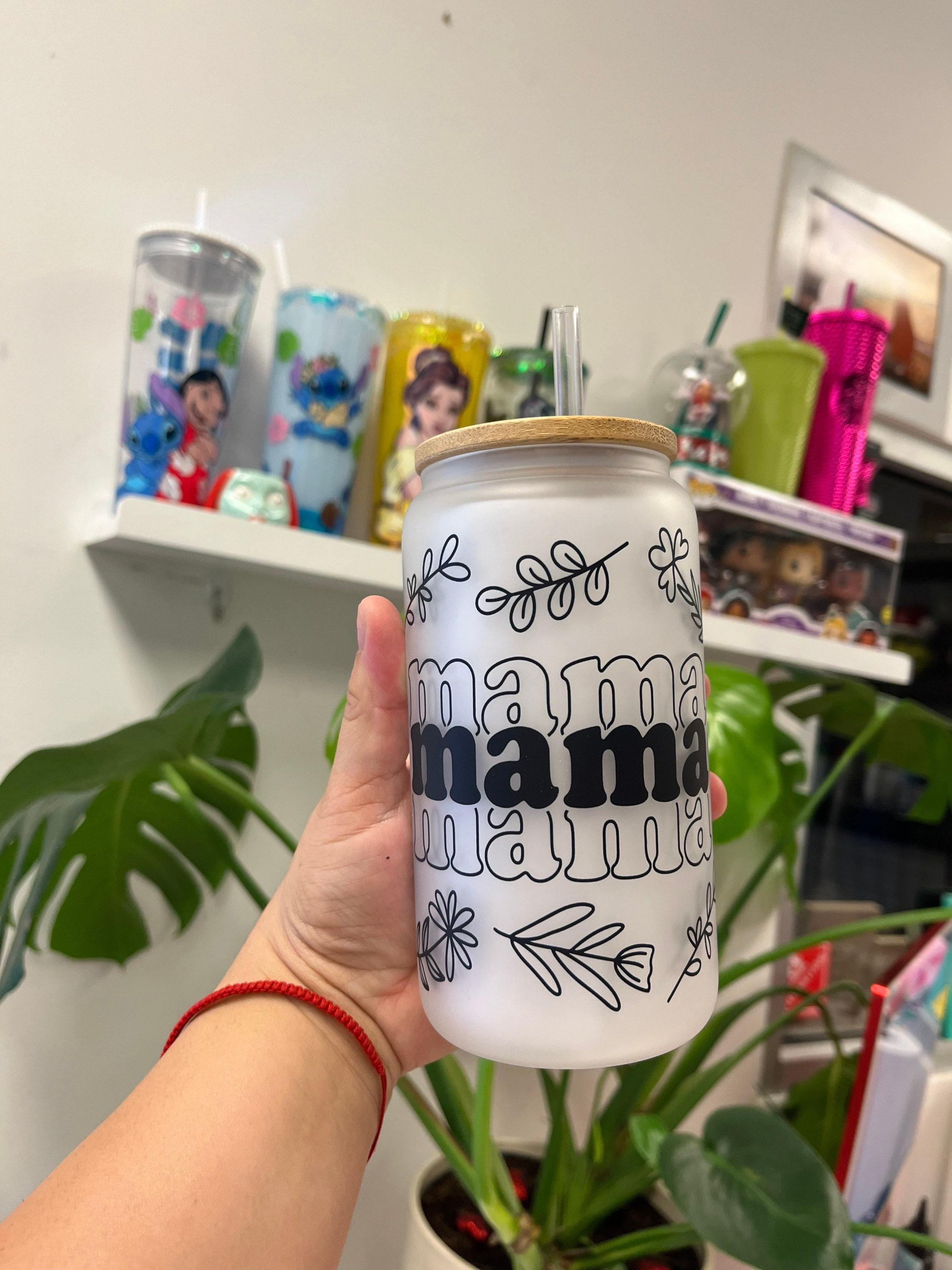 Mama flowers frosted glass can, Custom glass can, Mama glass can