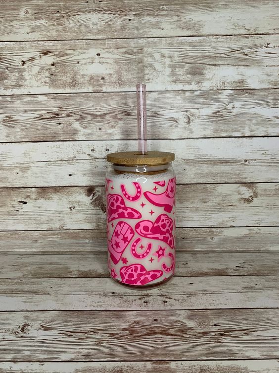 Pink Western Beer Can Glass, Country Girl Cup, Iced Coffee Cup, Gift for Her, Western Themed Party Favor Glass Tumbler