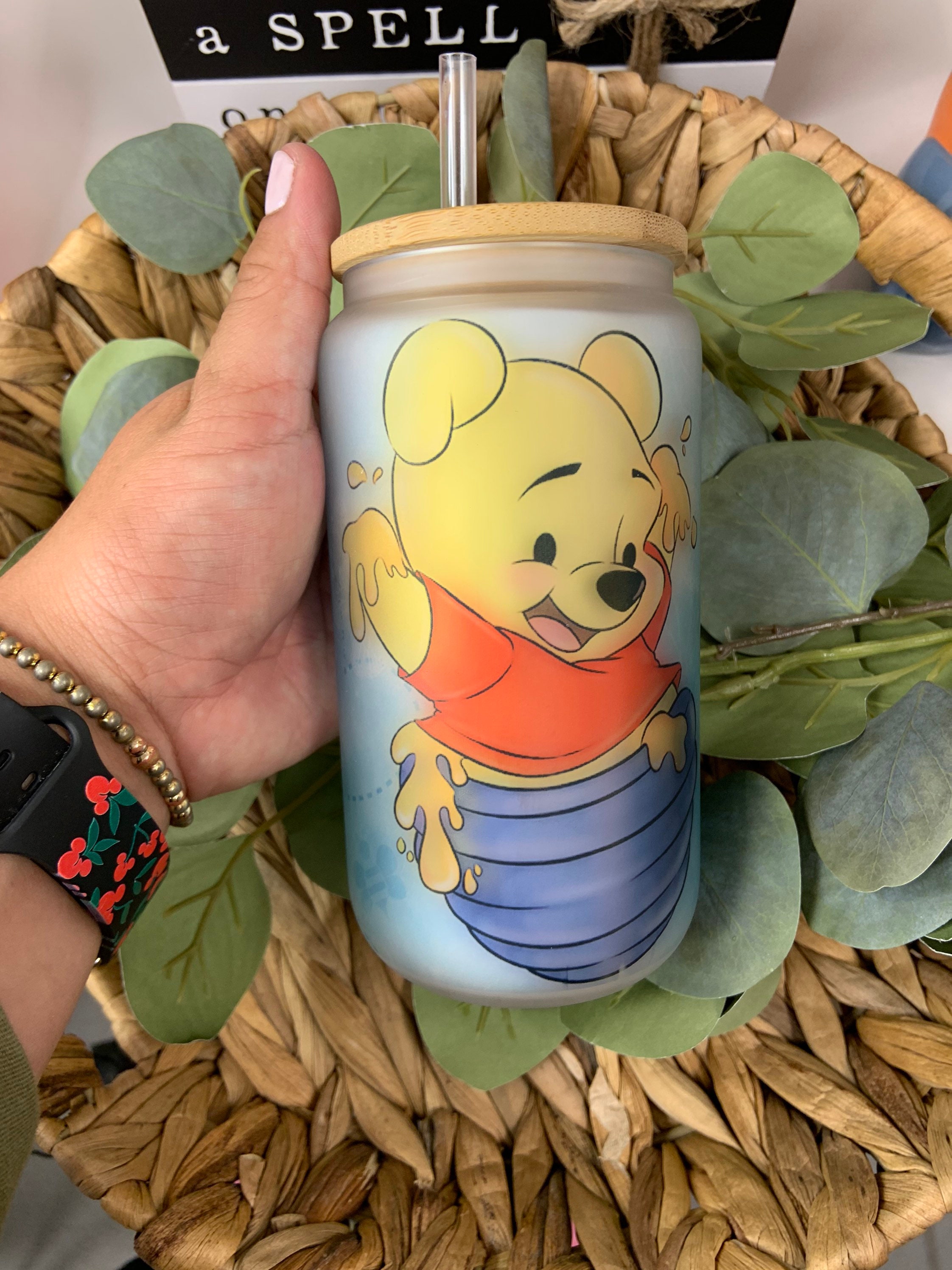 Winnie the Pooh frosted glass, custom glass cans, Disney Winnie the Pooh