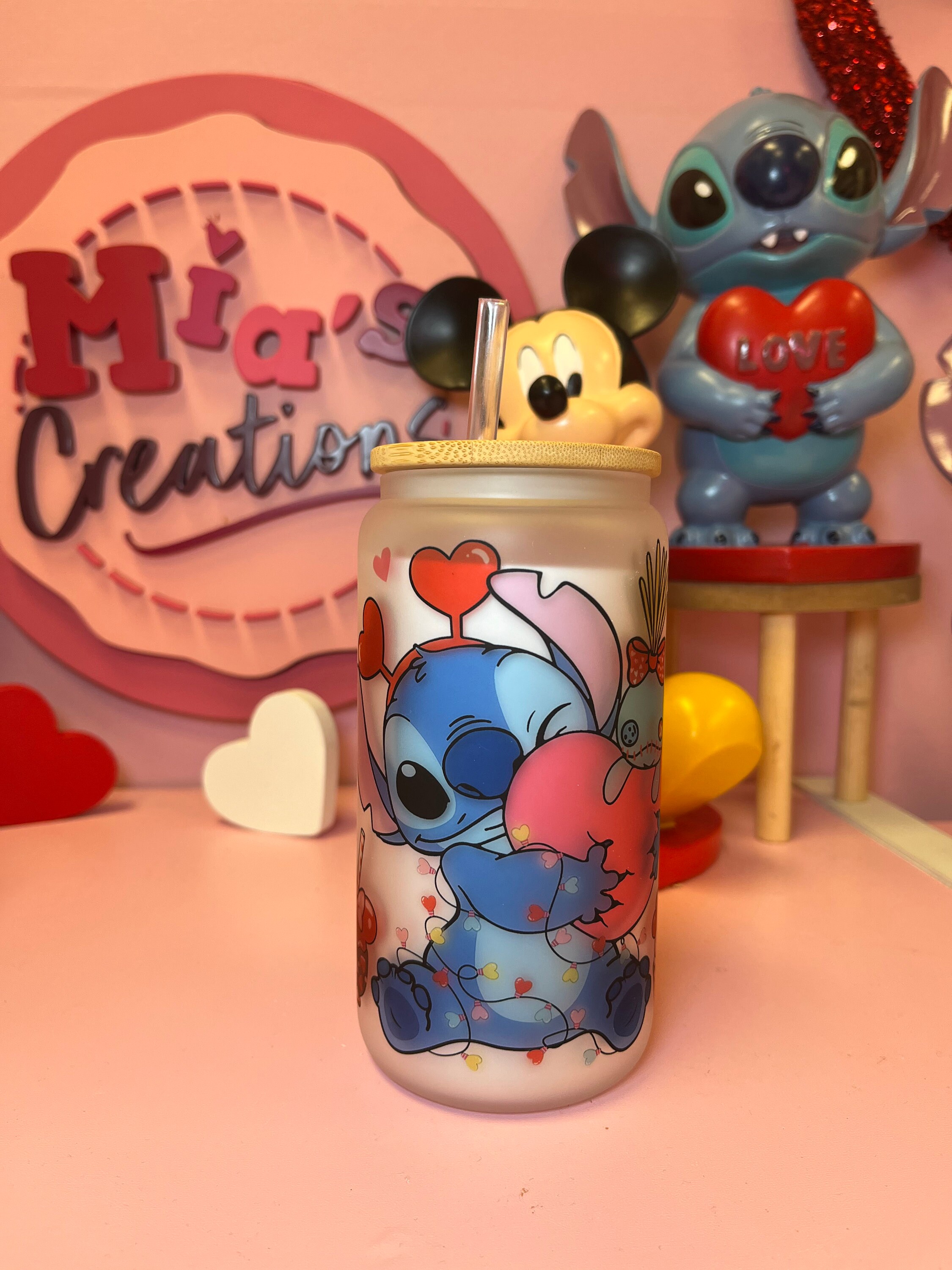 Stitch and scrump valentines snacks custom glass can, Stitch valentines frosted glass can