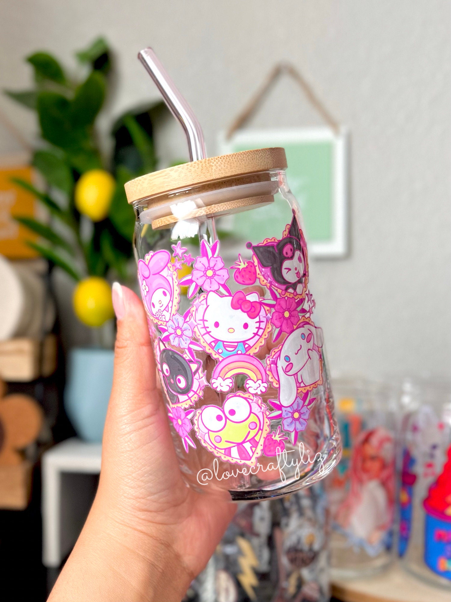 Tattoo Kitty Hearts 16 oz Beer Can Glass | Spring Cup | Self Love | Iced Coffee |Smoothie | Boho | Gift | Mom | Flowers |Kawaii Cat | Floral