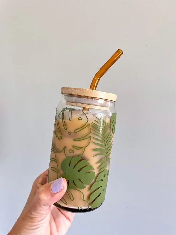 Monstera Leaves Beer Can Glass, Iced Coffee Can Glass, Boho Leaves Coffee Glass Tumbler