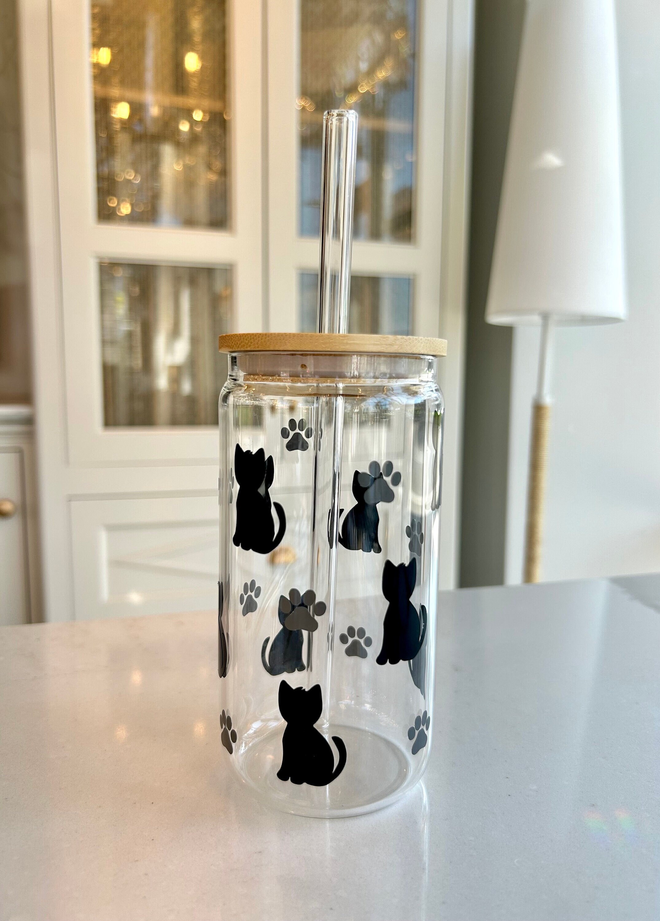 Cat Silhouettes Beer Can Glass | Coffee Can Glass Gift | Coffee Cup Glass | Cat Lover Gift