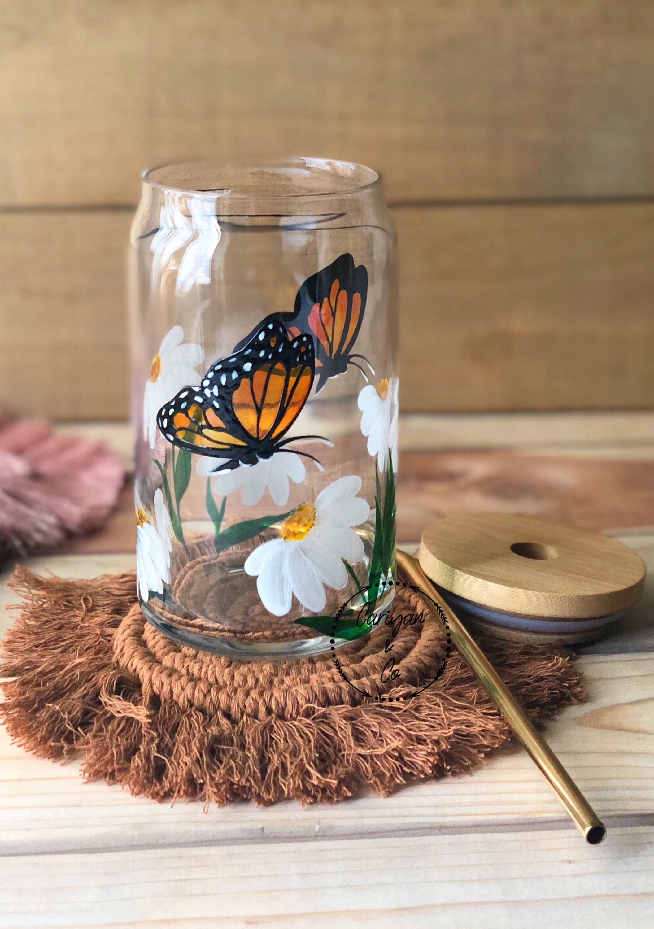 Butterfly Iced Coffee Glass Cup, Boho Butterfly Glass Cup