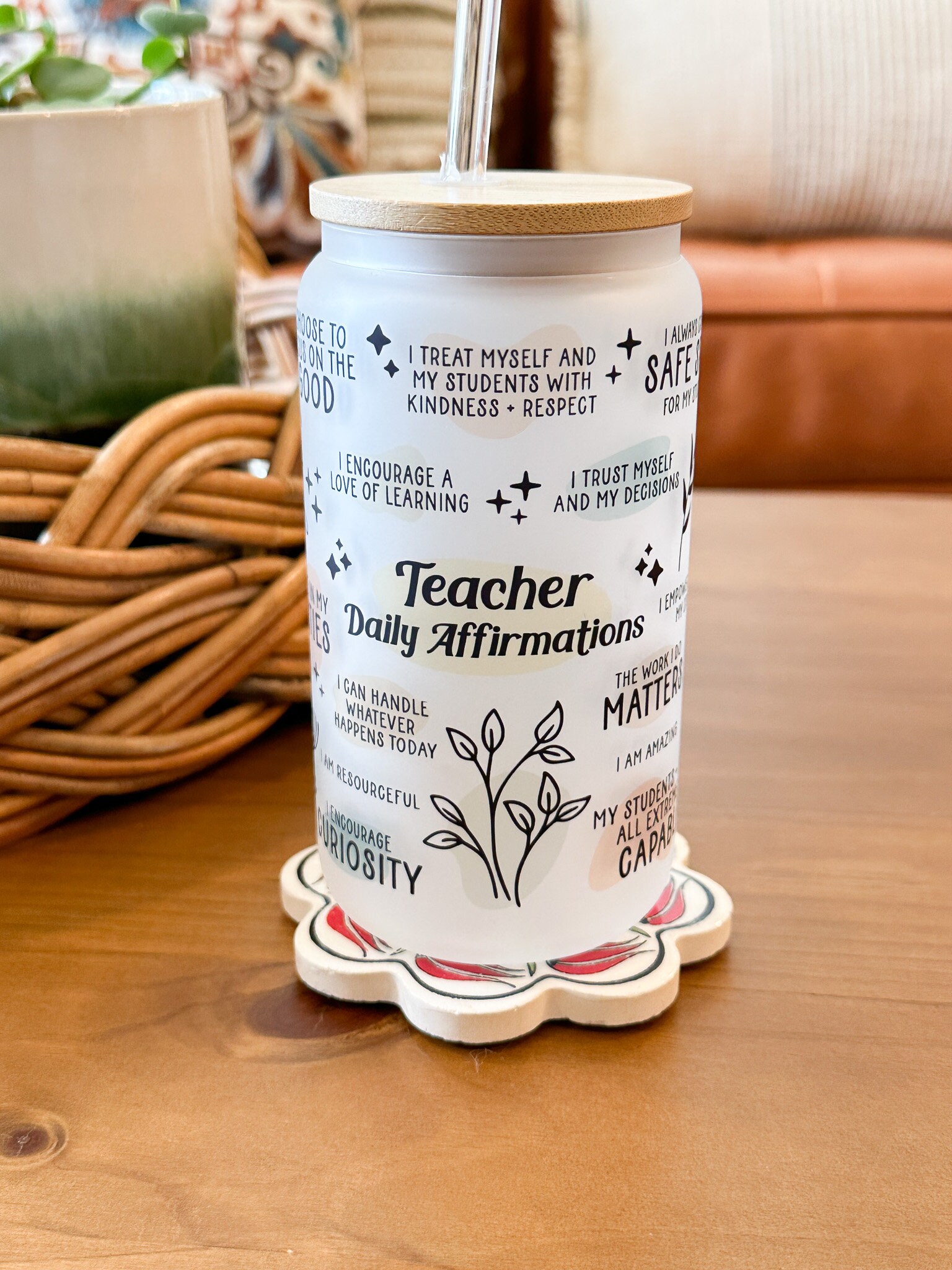 Teacher Affirmation Coffee Glass, Teacher Tumbler Gift, 16 oz Frosted Glass Cup, Teacher Appreciation Gift, Ice Coffee Drink, Lid & Straw