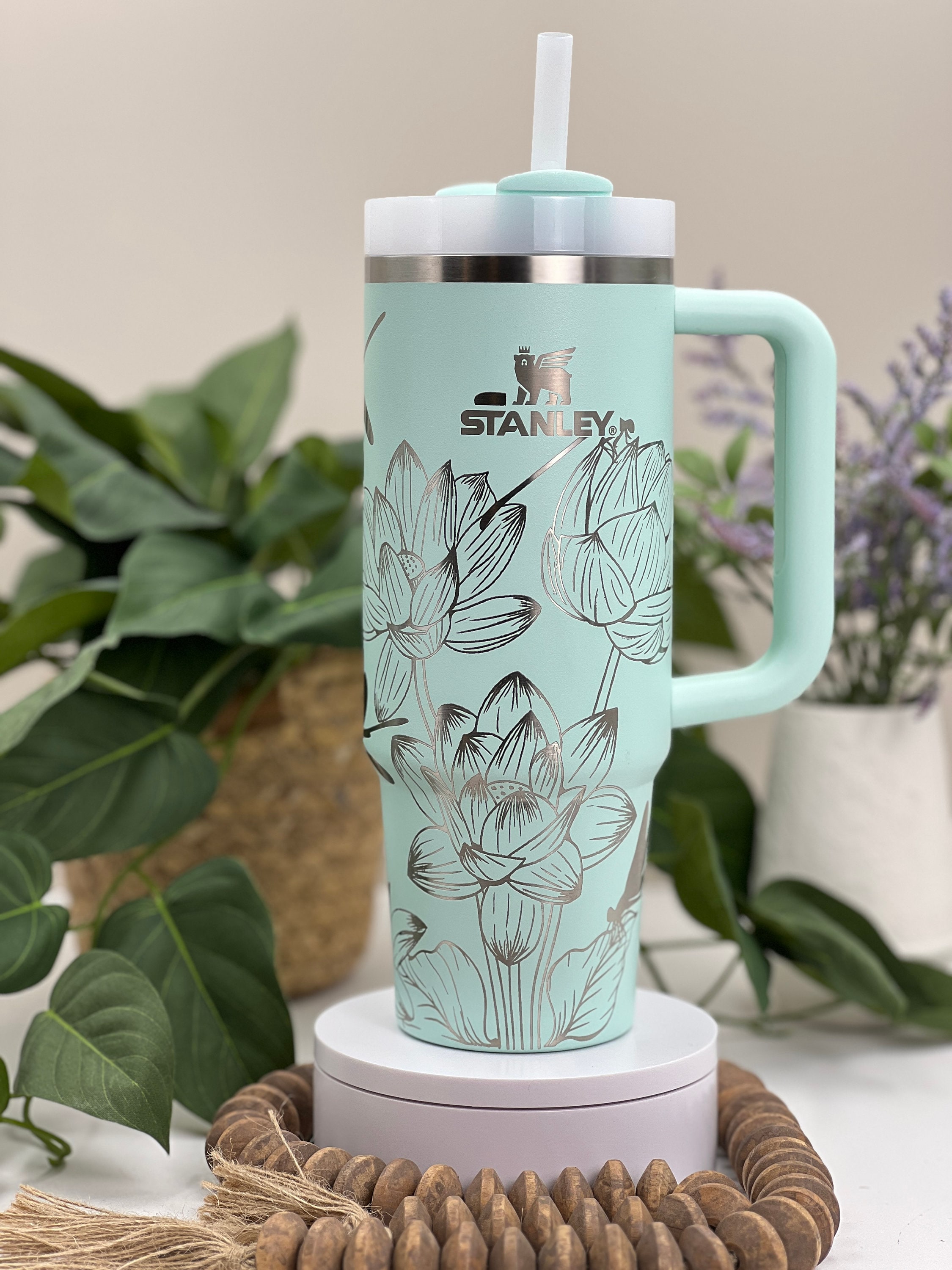 Dragonflies & Lotus Flowers Laser Engraved 40oz Tumbler with Handle Lid and Straw, Custom Seamless Tumbler, Double Wall Insulated Cup