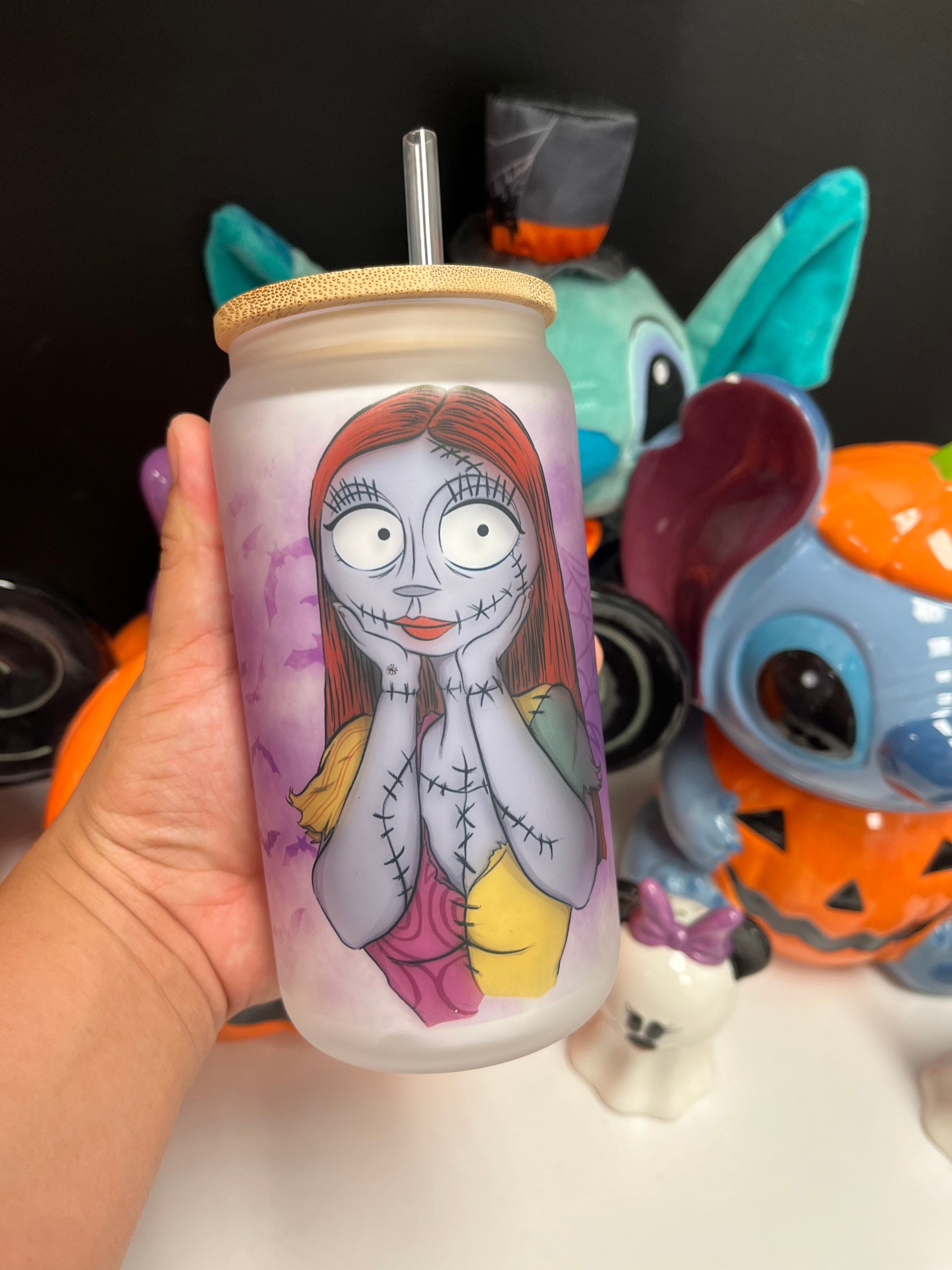 Sally frosted glass can, nightmare before Christmas glass can, glass can