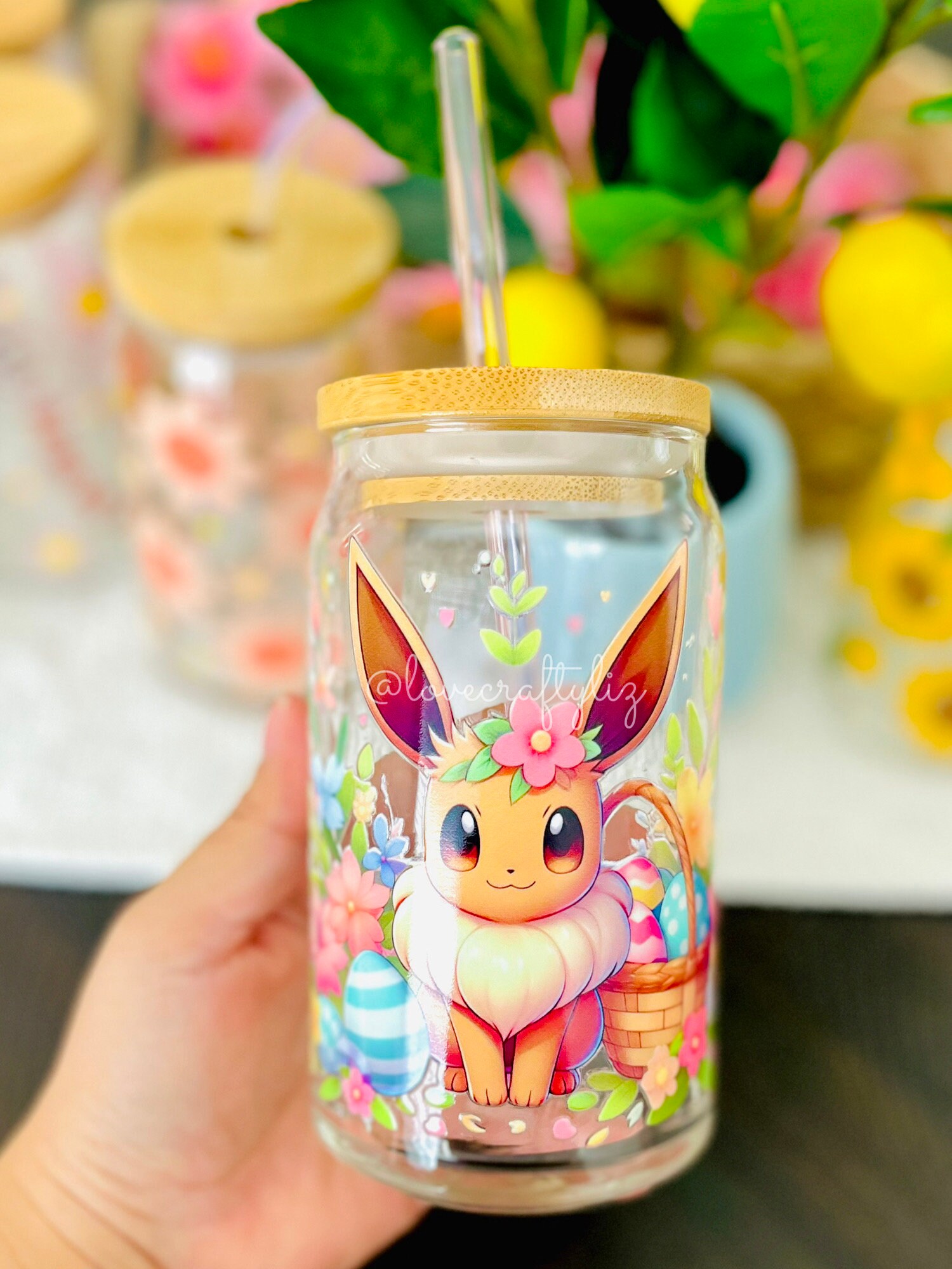 Poke Easter Spring Pocket Monster 16oz Beer Can Glass | Iced Coffee | Smoothie | Gift | Daisies | Eeveelutions | POGO| PKMN Buddy