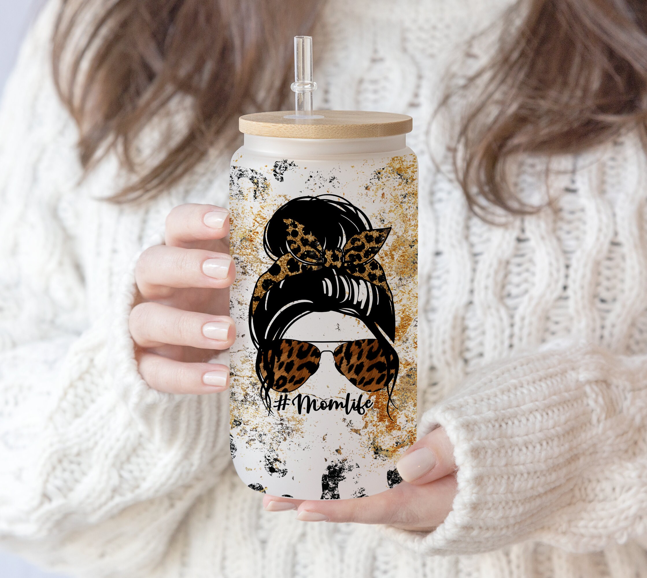 16 oz Libbey Glass Can Momlife Mum life Glitter Leopard Print Sublimation  png file Gift for mom, Mother’s Day PNG , Glass can gift idea