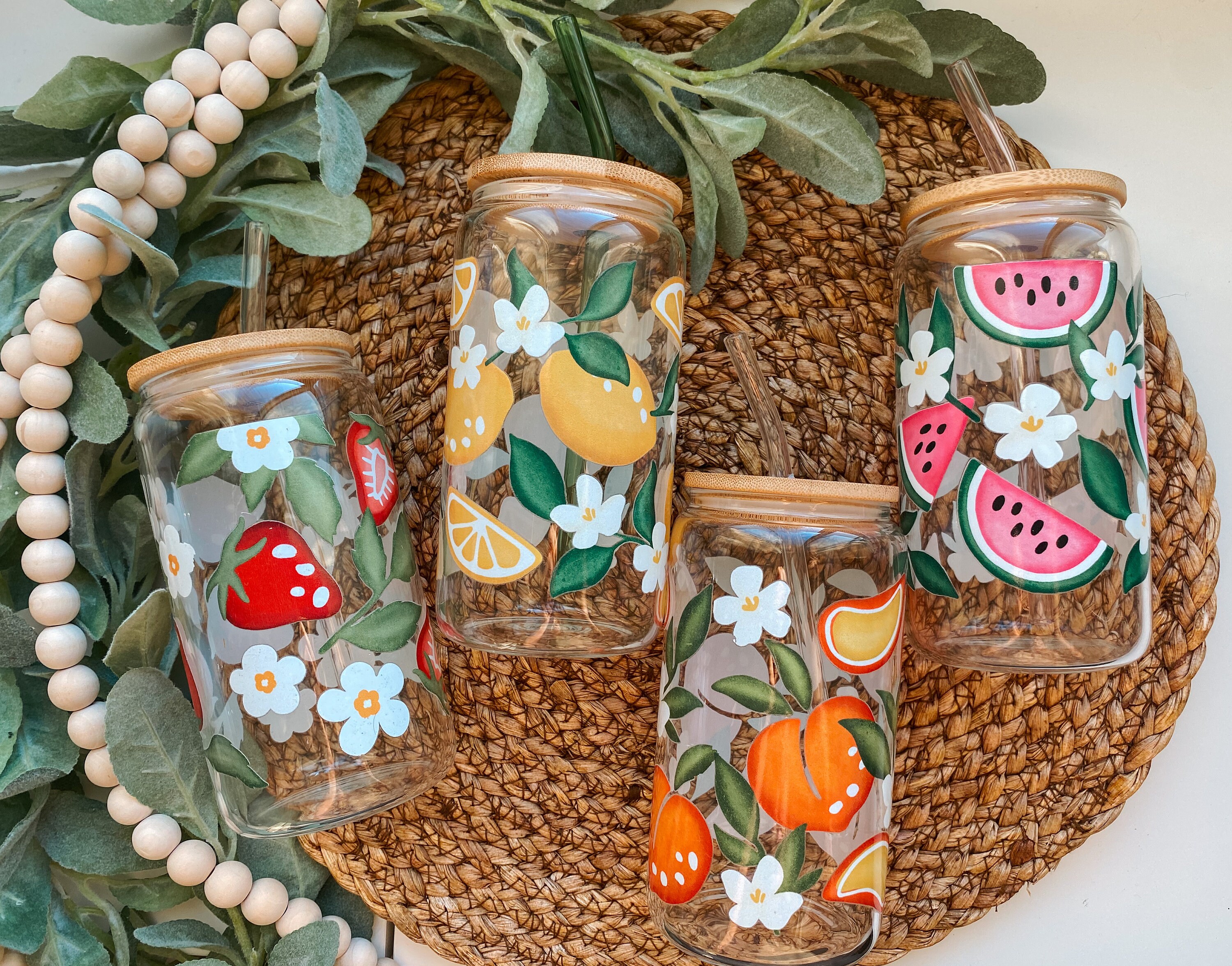 Summer fruit glass can cup | smoothie cup | strawberry cup | peach cup | lemon cup | watermelon cup | gifts for her | summer time aesthetic