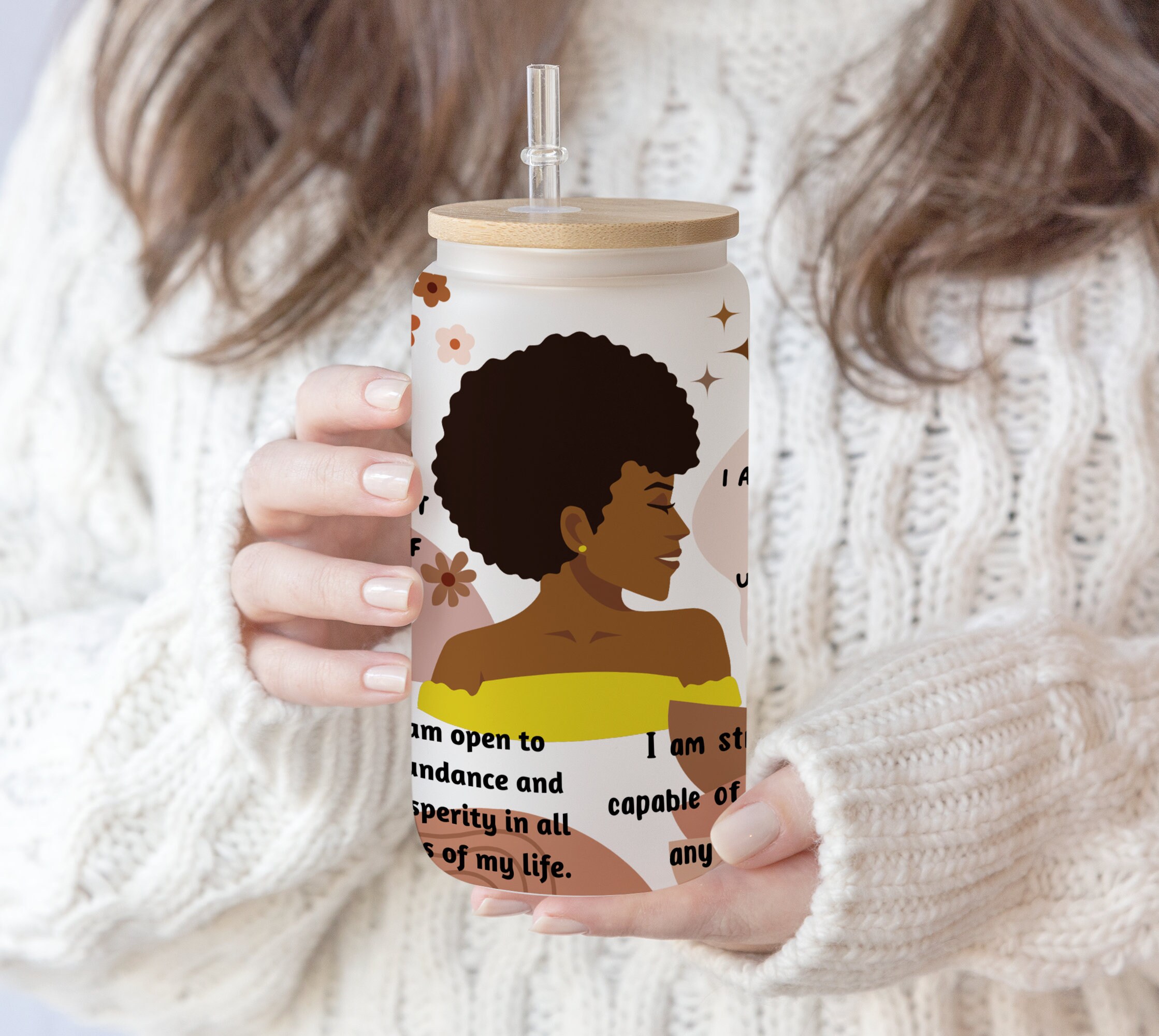 16 oz Libbey Beer Glass Can Boho Black women Affirmations Positive Self Love Black woman gift Wrap Inspirational , Positive wording PNG