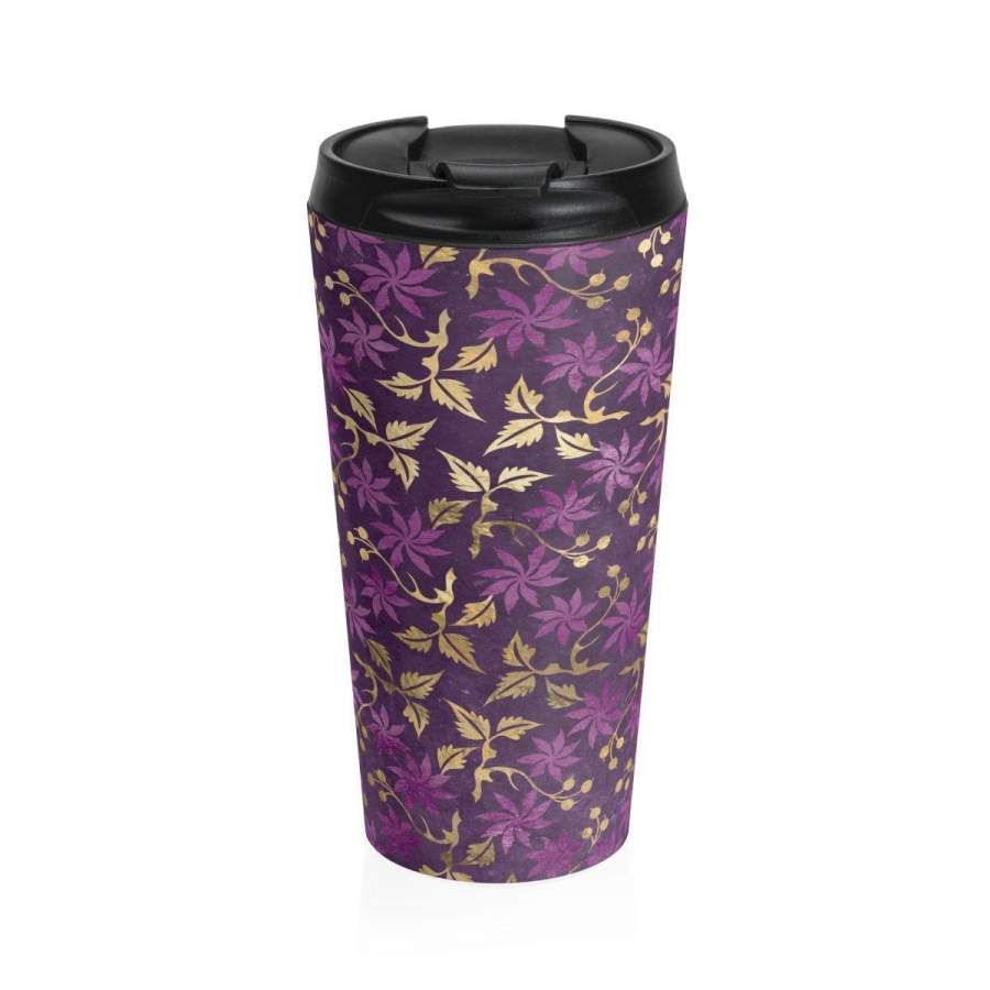 Stainless Steel Travel Mug, Floral Boho Bohemian Hippie Travel Mug, Filigree Leaves Print Cup, 15 Ounce Tumbler, 15oz Coffee Tea Drinkware