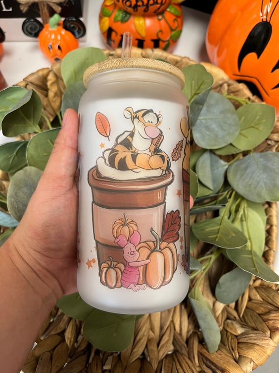 Winnie The Pooh Fall Latte Glass Can, Glass Coffee Can, Custom Glass Tumbler