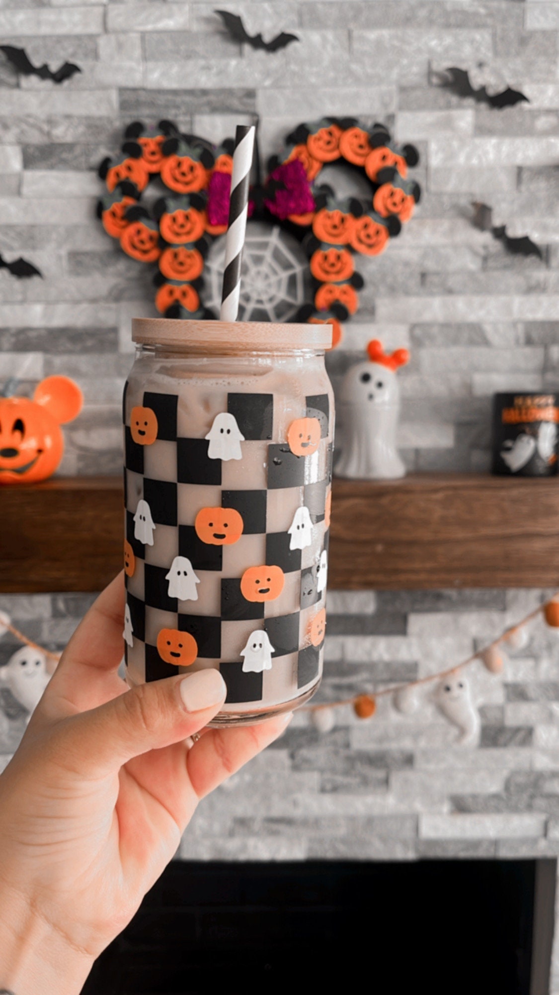 Spooky Glass Cup| Trending Halloween Cup| Checkered Glass cup| Ghost and Pumpkin Glass