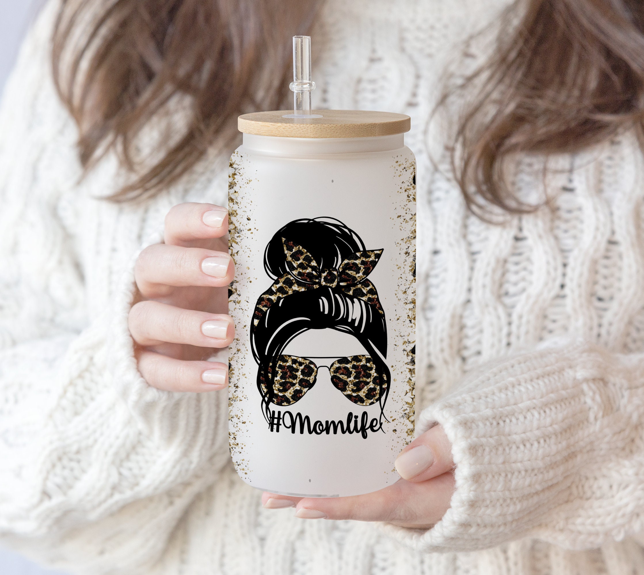 2 Files 16 oz Libbey Glass Can Momlife messy bun Sublimation Design Momlife Leopard Glitter ,Mother’s day gift, Mom life png Sublimation