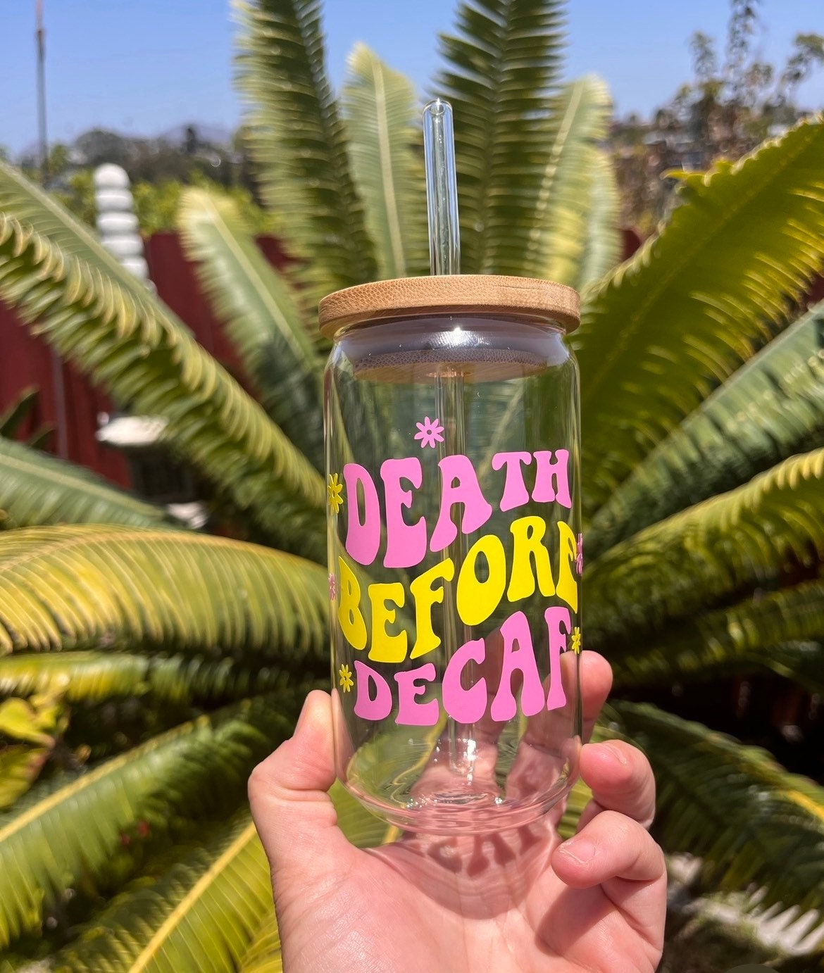 Death Before Decaf Can Glass, Iced Coffee Can Glass With Bamboo Lid and Straw, Birthday Beer Can Glass, Gift For Her