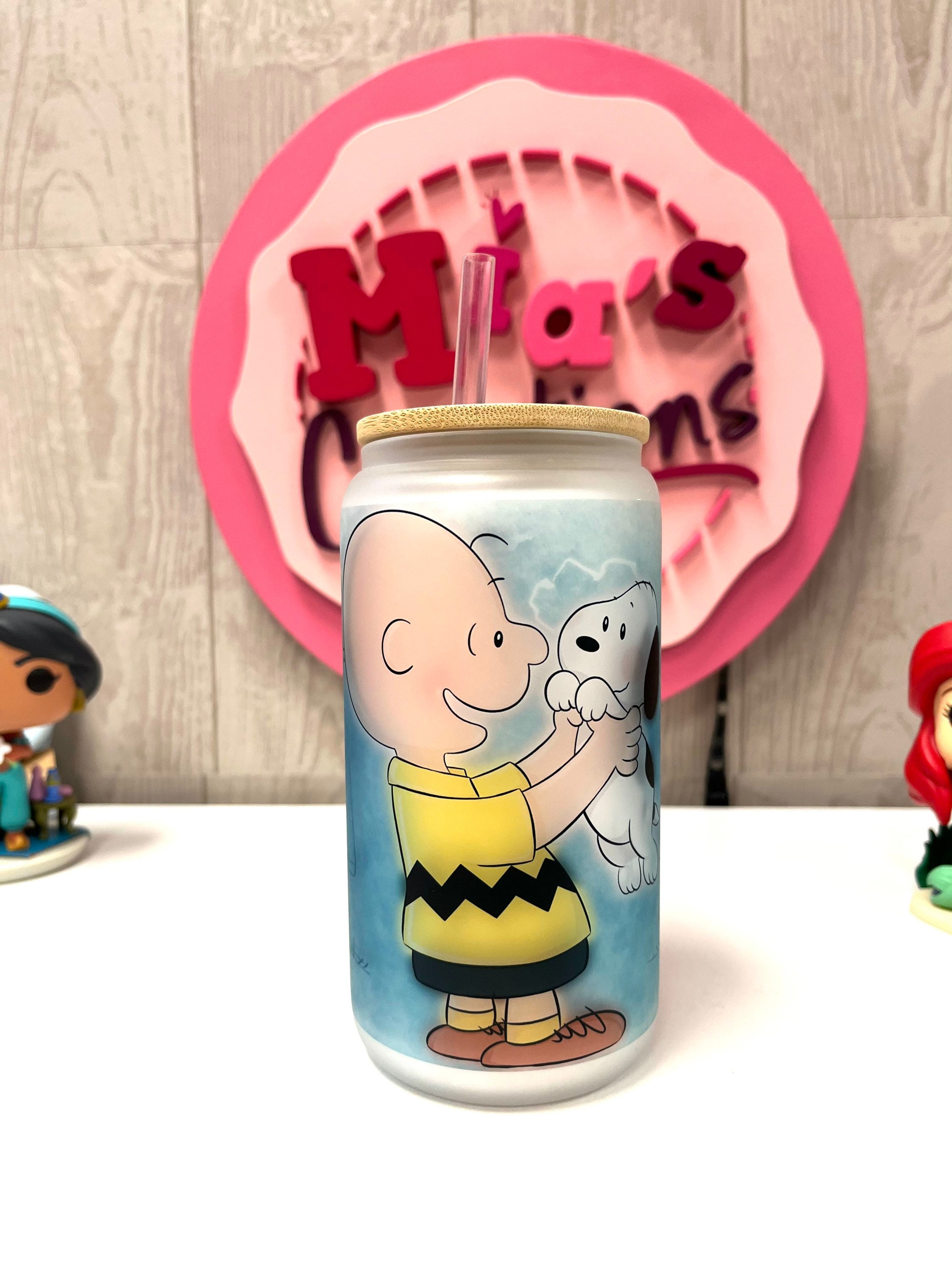 Snoopy Frosted glass can, Snoopy glass can, Snoopy frosted glass can