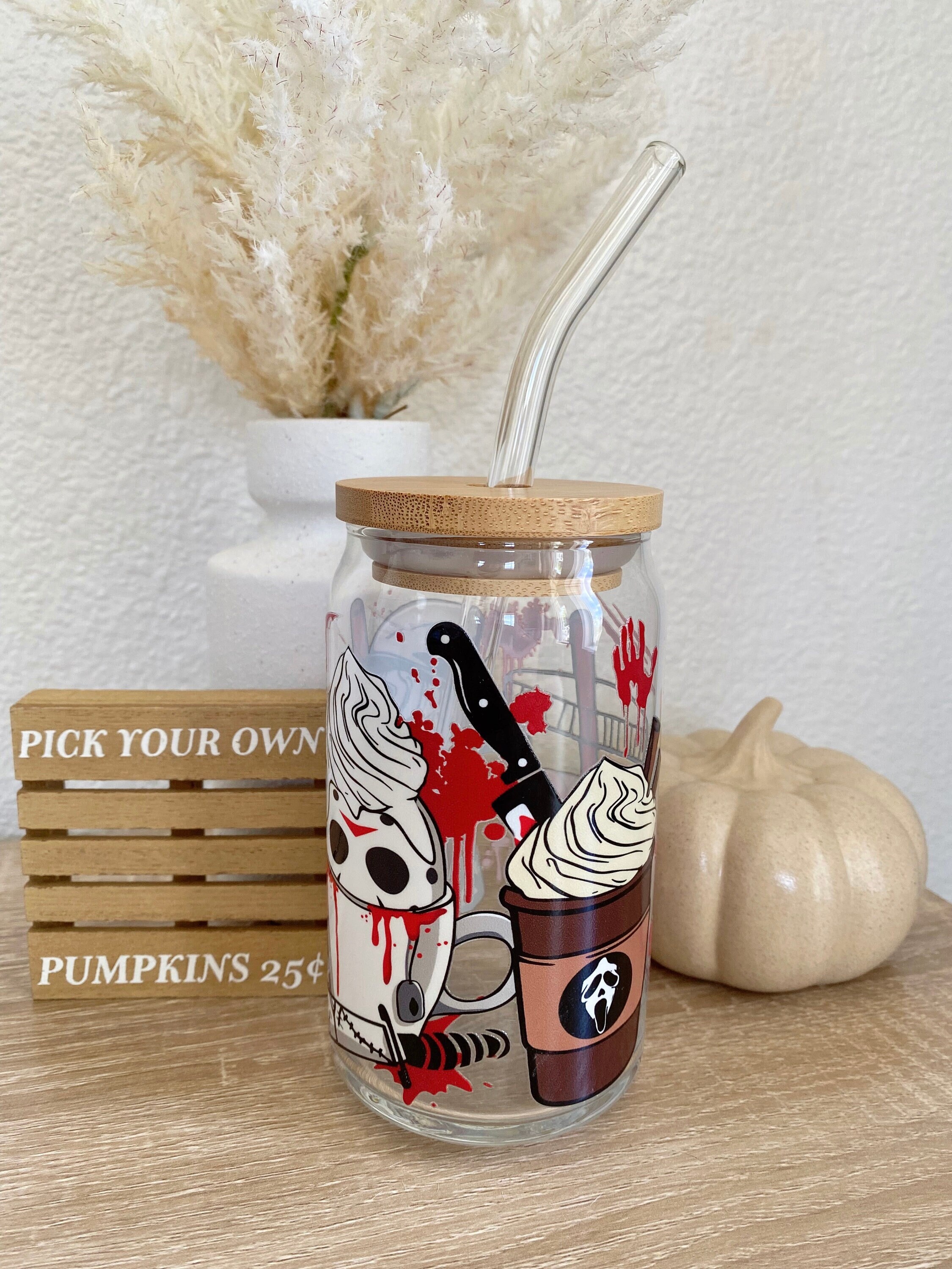 Spooky Scary Movies Beer Can Glass, Halloween Iced Coffee Glass, Freddy Jason Ghostface Penny Wise, Scary Movies Glass Cup, Halloween Gift