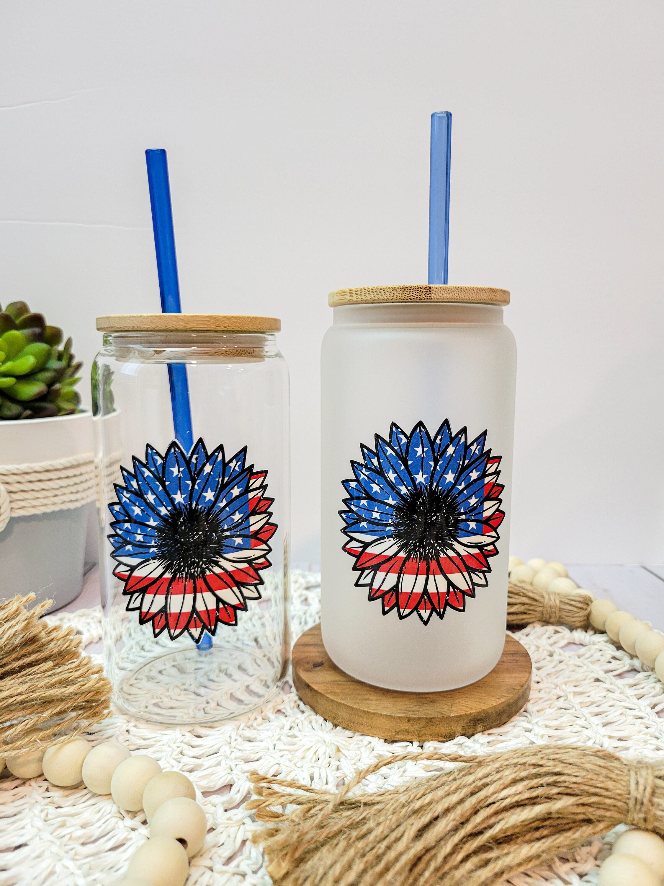 Patriotic Beer Can Glass, American Flag Sunflower, Iced Coffee Glass Cup, Fourth of July, Red White and Blue Tumbler, Aesthetic Coffee Glass