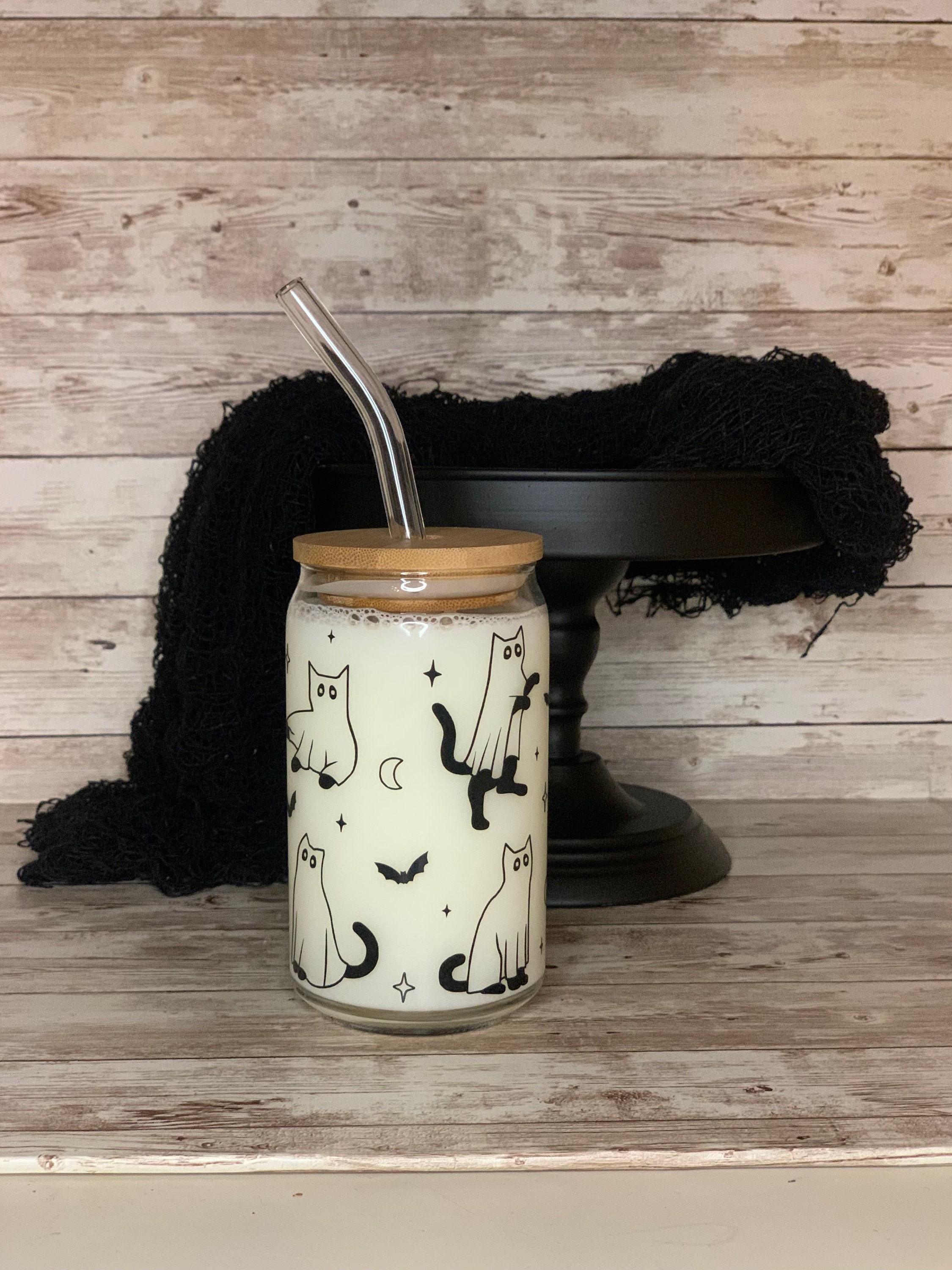 Halloween Black Cat Beer Can Glass / Cute Ghost Cat Coffee Cup / Halloween Gift / Custom Iced Coffee Cup / Spooky Season / Gift for Her