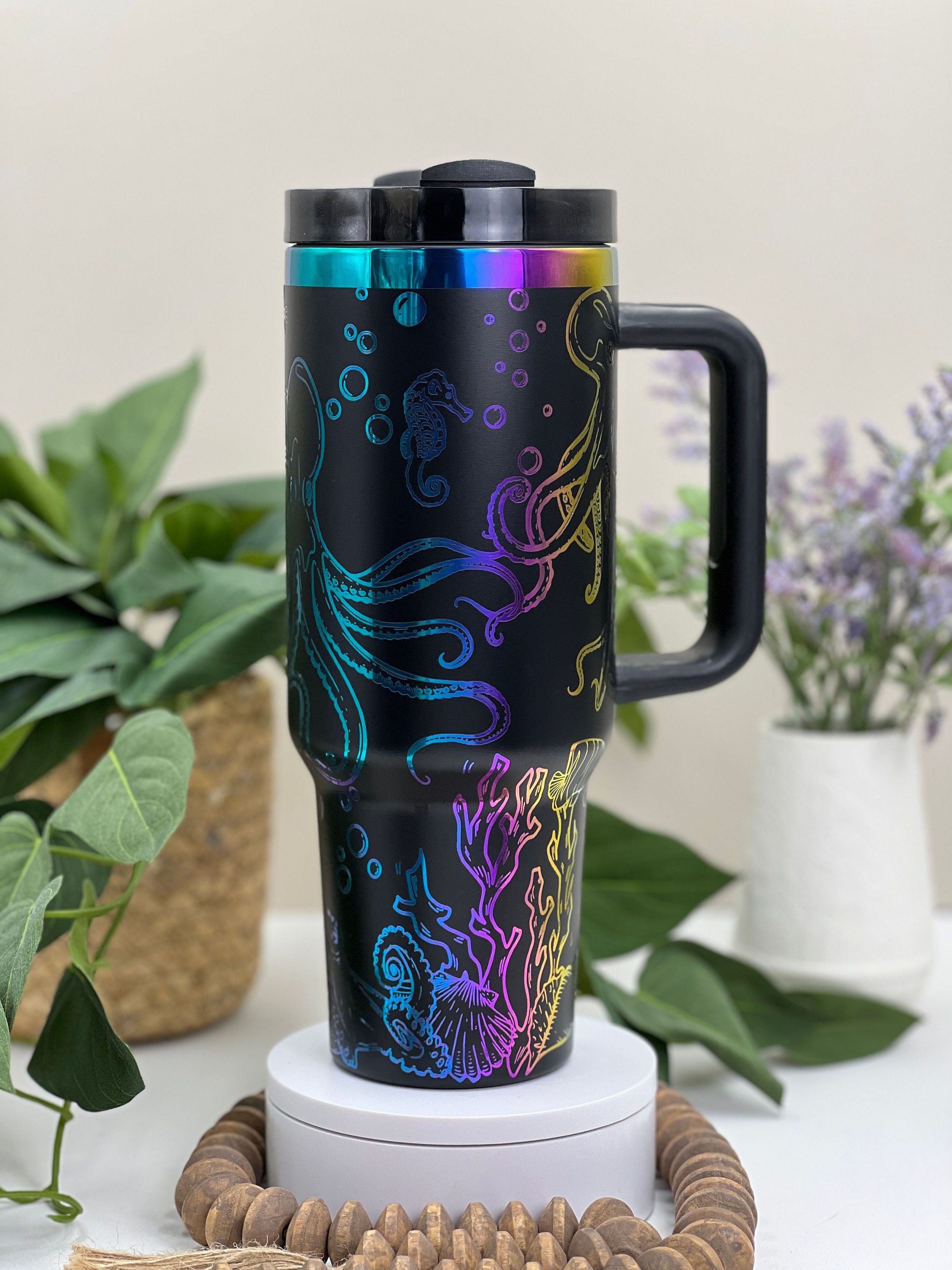 Octopus Laser Engraved 40oz Tumbler with Handle Lid and Straw, Custom Engraved Seamless Tumbler, Double Wall Insulated Cup