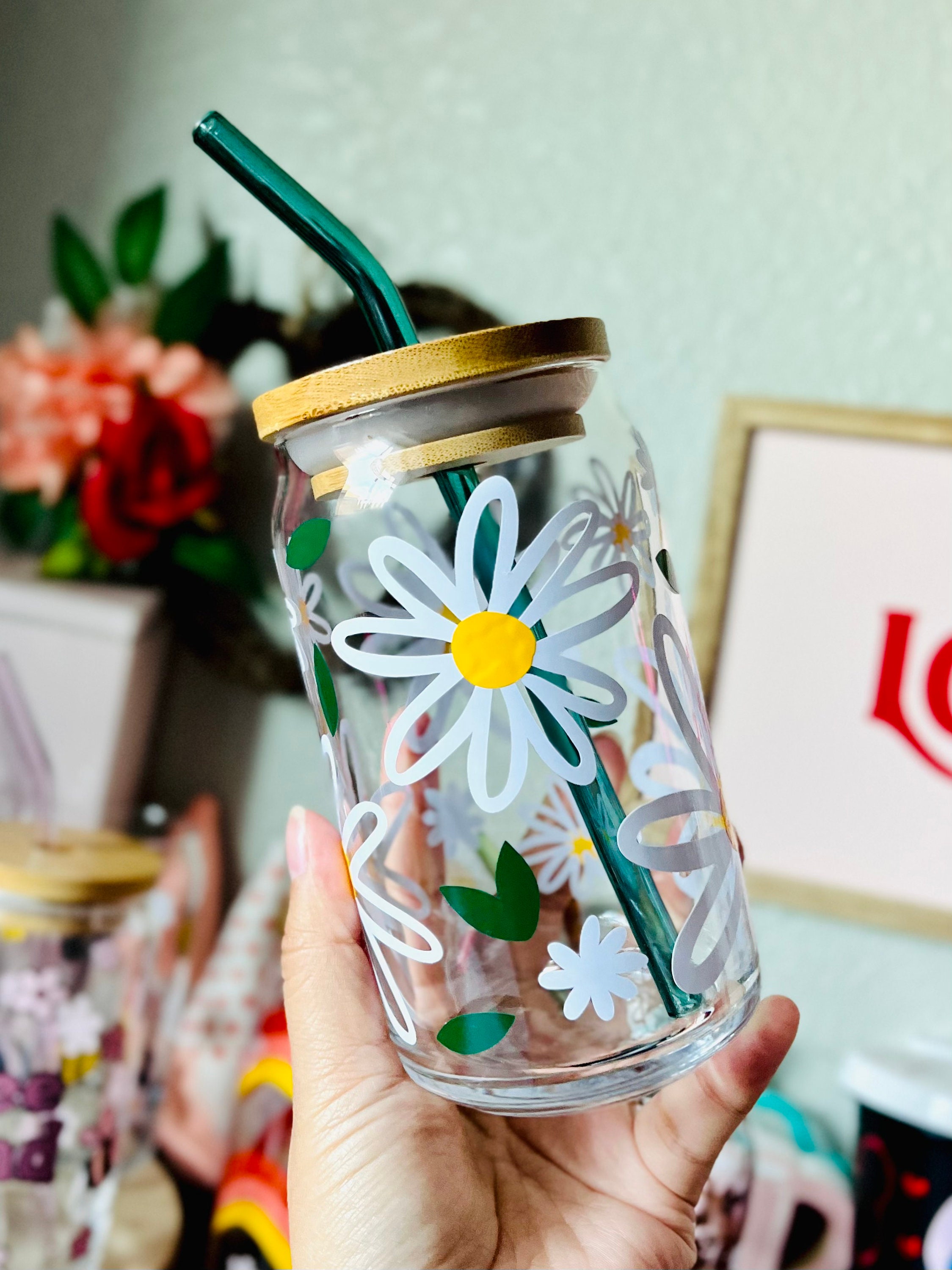 Floral Daisies 16oz Beer Can Glass | Valentines Day | Spring | Self Love | Iced Coffee | Smoothie | Boho | Lemonade | Easter Flowers | Mom