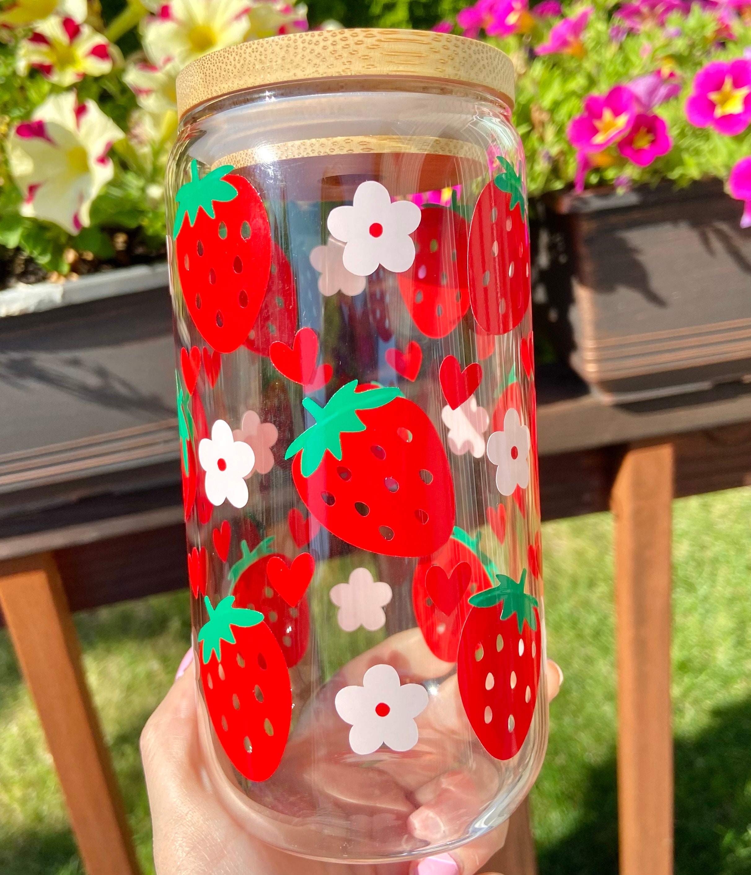 Strawberry glass cup | 16oz libbey glass cup | iced coffee cup | glass cup with bamboo lid and straw | gifts for her | strawberry cup |