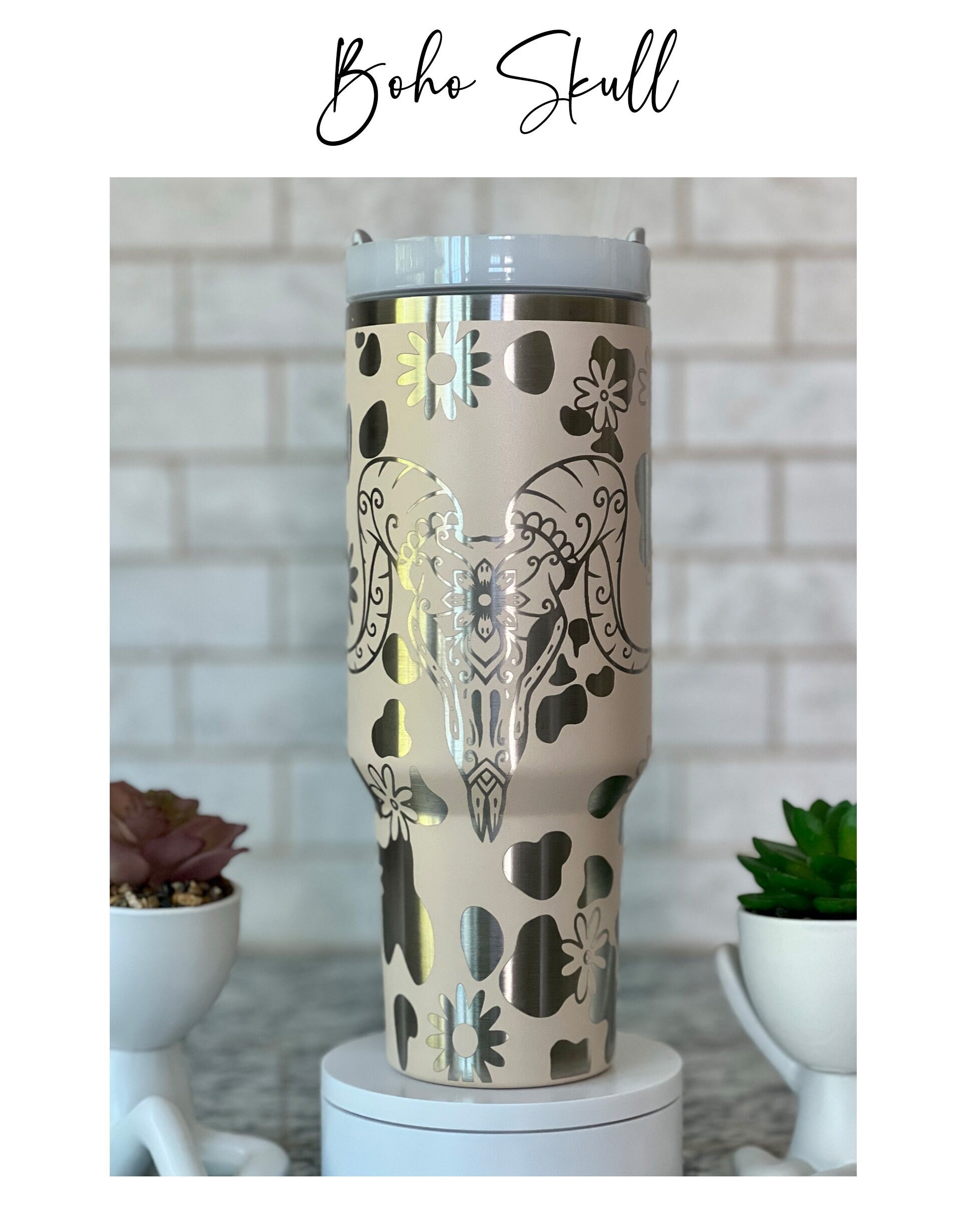 Boho Skull Laser Engraved 40oz Champagne Custom Seamless Non-Branded Tumbler with Handle Lid and Straw, Double Wall Insulated Cup