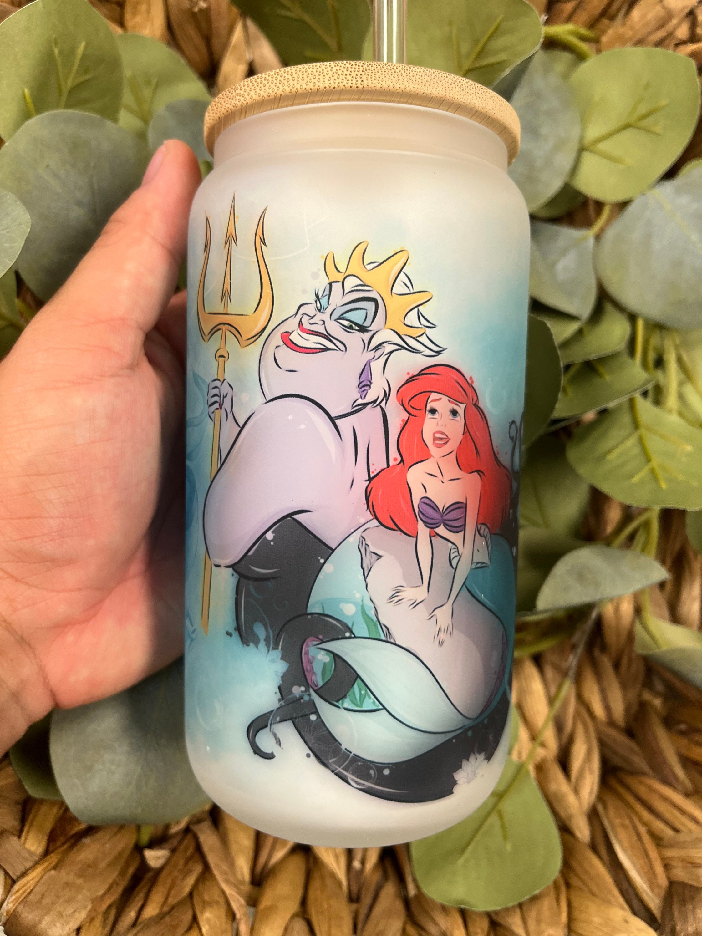 Little mermaid frosted glass can, Custom glass can, Úrsula and Arial glass can