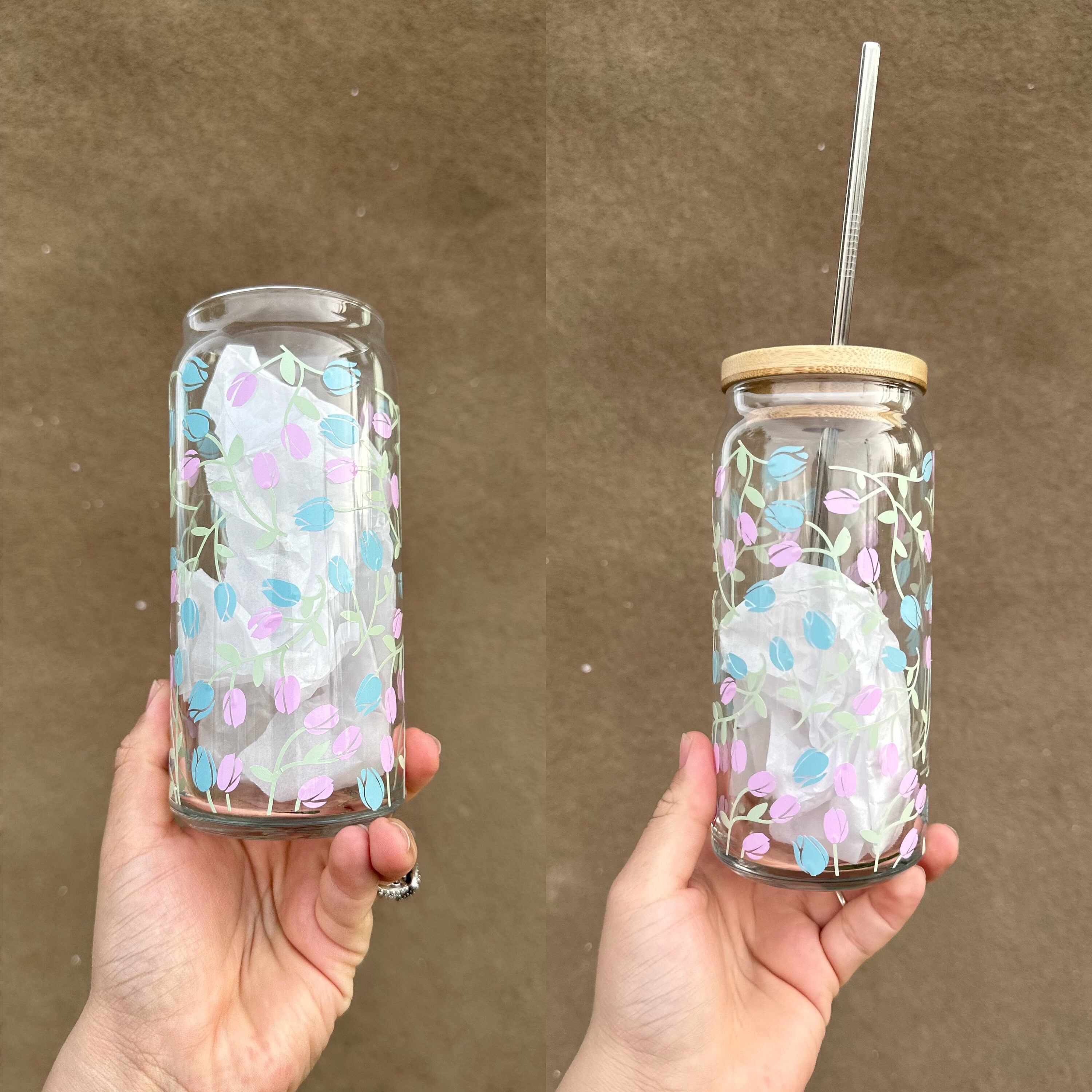 Tulips Garden Beer Glass Can, Flowers Glass Can, Libbey Beer Glass Can, Iced Coffee Cup, Floral Glass, Boho Designs, tulip Flowers, Pastels