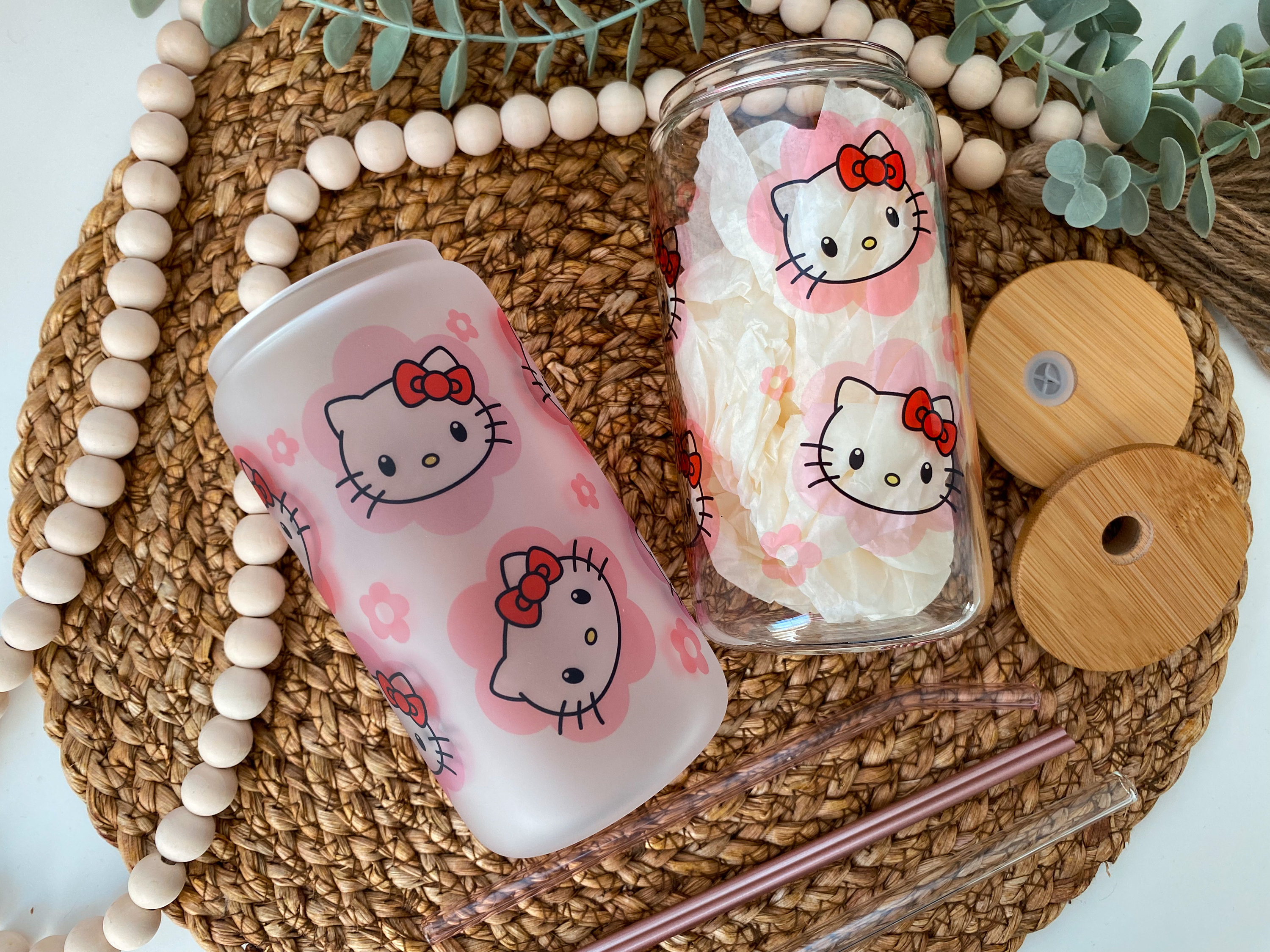 Character pink glass can cup  | kitty lover | iced coffee glass | gifts for her | beer can glass | gifts for her |