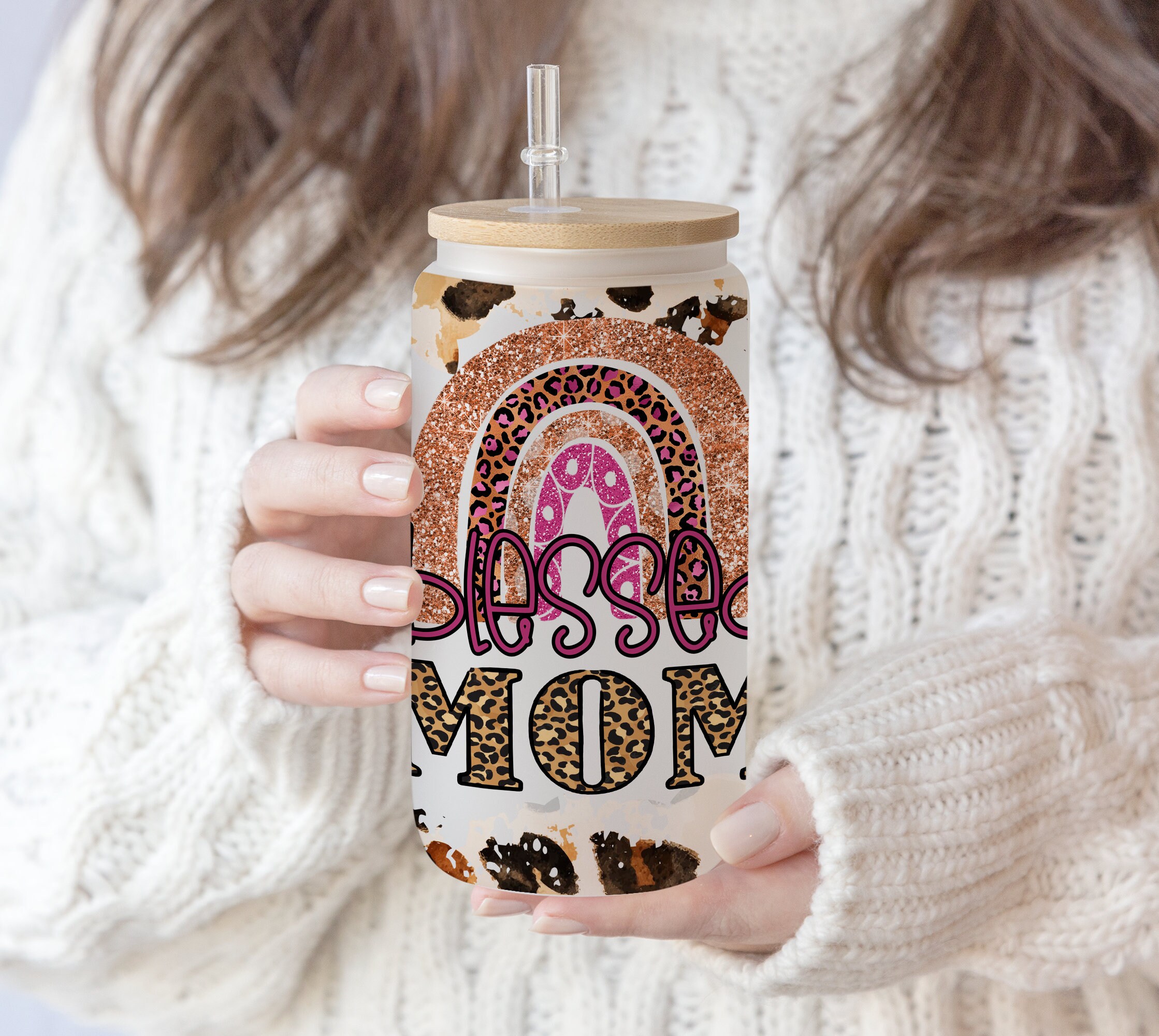 16 oz Libbey Glass Can Blessed Mom Rainbow Tumbler Sublimation Design Momlife Leopard boho ,Mother’s day gift, Mom life png Sublimation