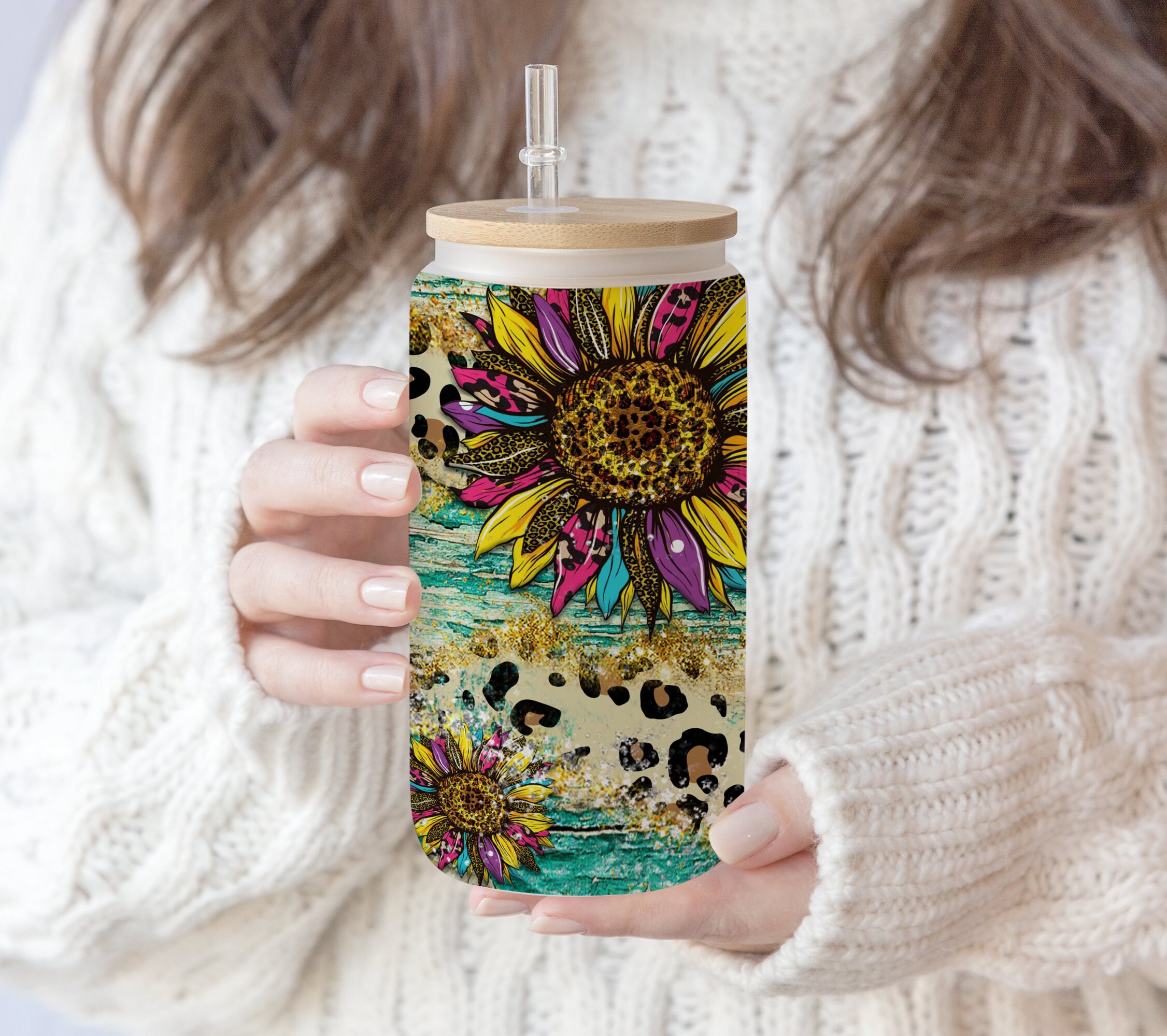 16 oz Libbey Glass Can Tumbler Sunflower Glitter Leopard ,Mum life floral Sublimation Design Tumbler Wrap, Waterslide glass can 16 oz