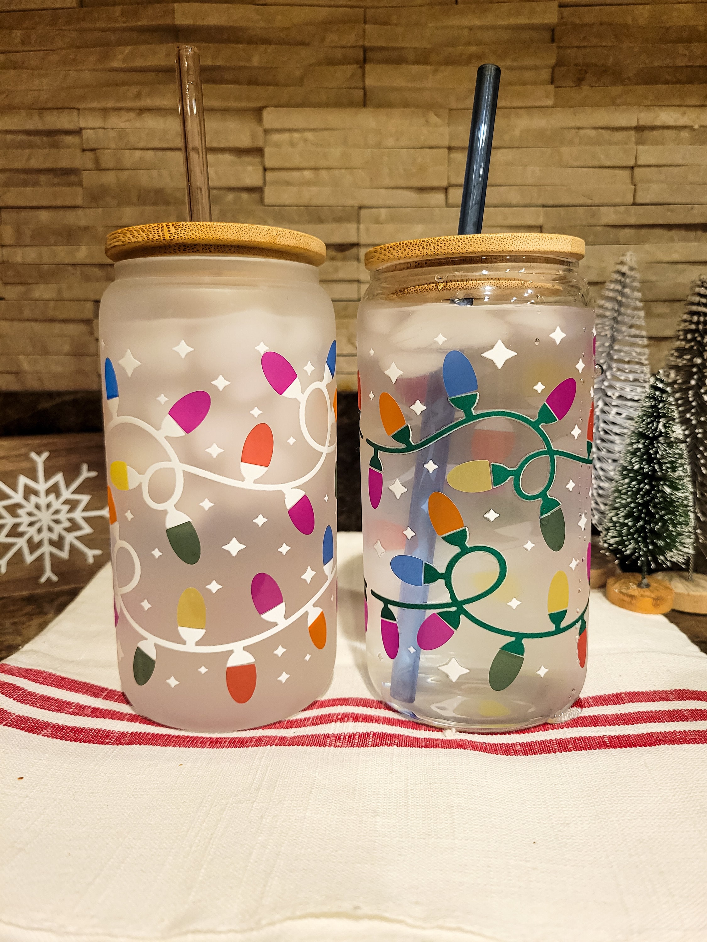 Color Changing Christmas Lights Iced Coffee Glass Can, Holiday Glass Coffee Cup with lid and straw, Libbey Beer Can Glass Cup, Winter Vibes