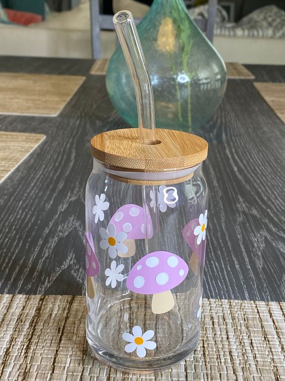 Pink Mushrooms and Daisies Soda Can Glass