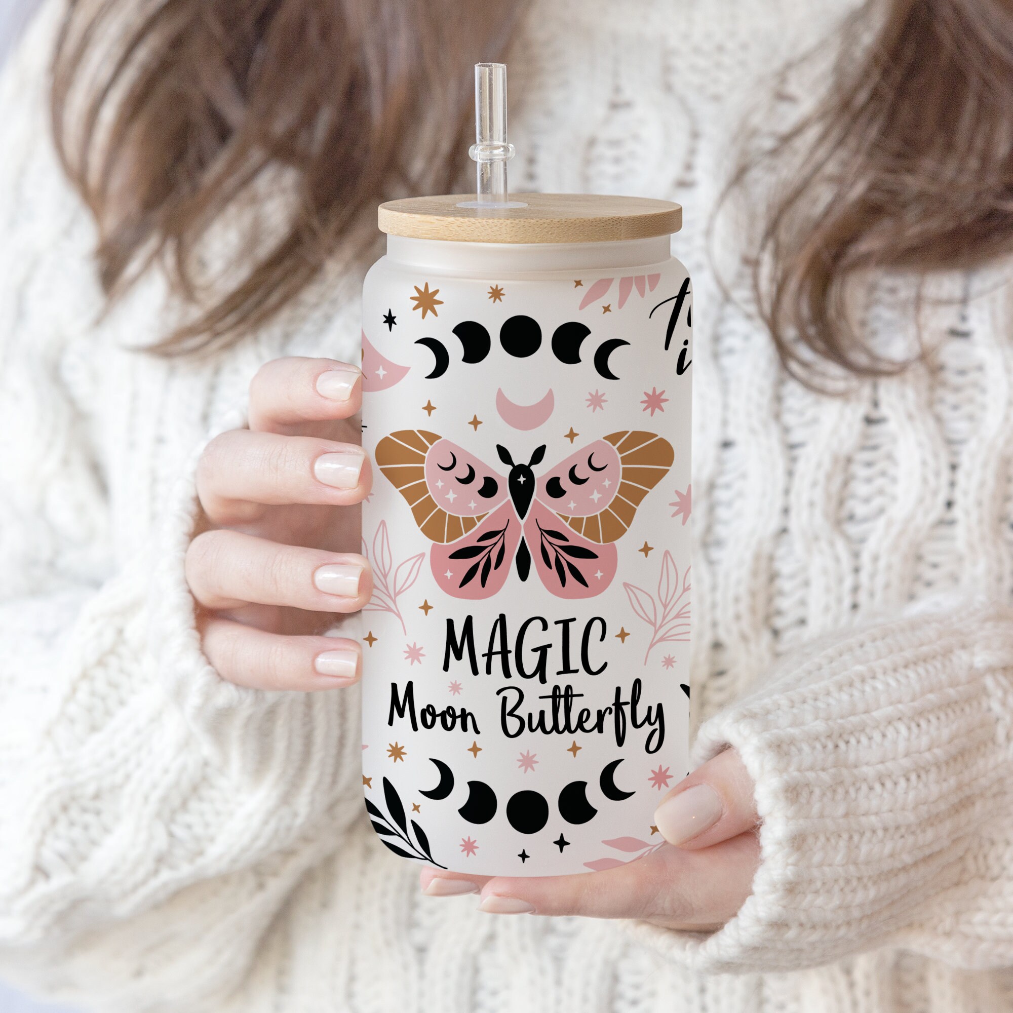 16 oz Libbey Beer Glass Can Magic Moon and Celestial Butterfly | Give for Mother Day png | Butterfly Flower Boho | Moon Phase Floral png