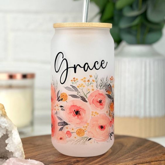 Personalized Flower Glass Can Cup, Frosted Glass Can Cup