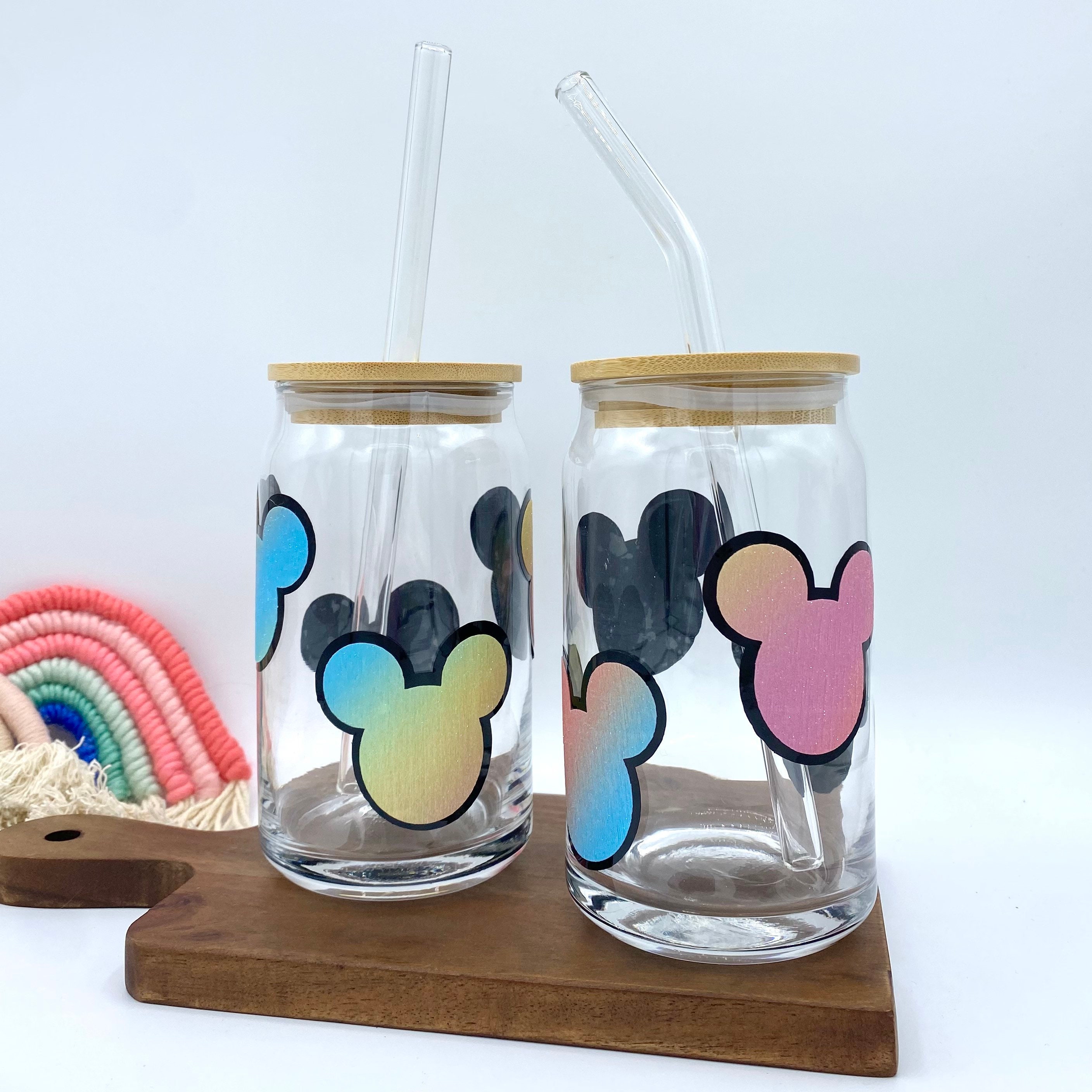 Mickey Glitter Rainbow Iced Coffee Cup 16oz Glass Soda Can Reusable Cup w/ Bamboo Top and Glass Straw Glass Beer Can Cup Gift for Her Disney