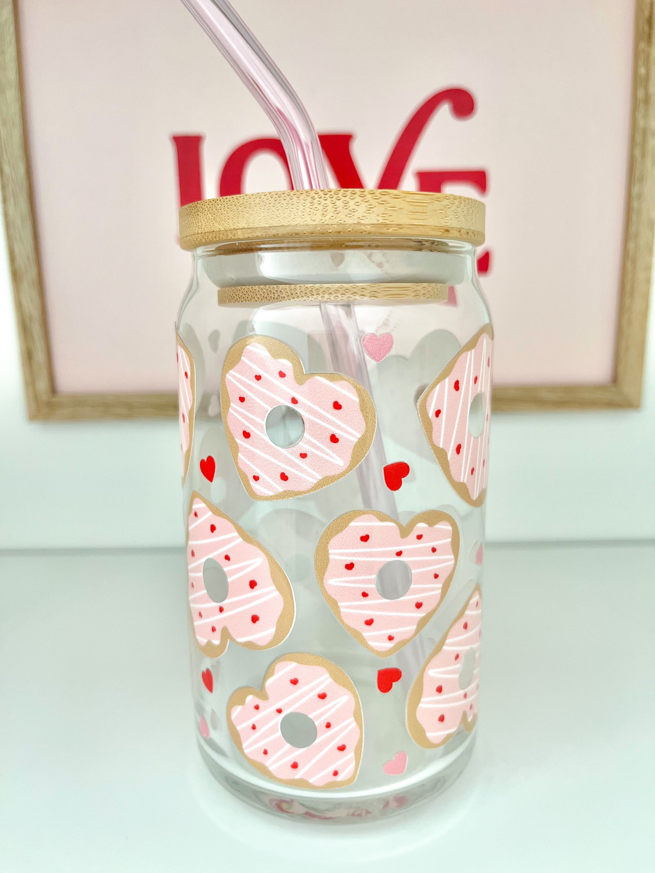 Heart Donuts Glass Cup / Donut Glass Cup / Gifts for Her / Cute Glass Cup / Iced Coffee Cup / Valentines Day Cup