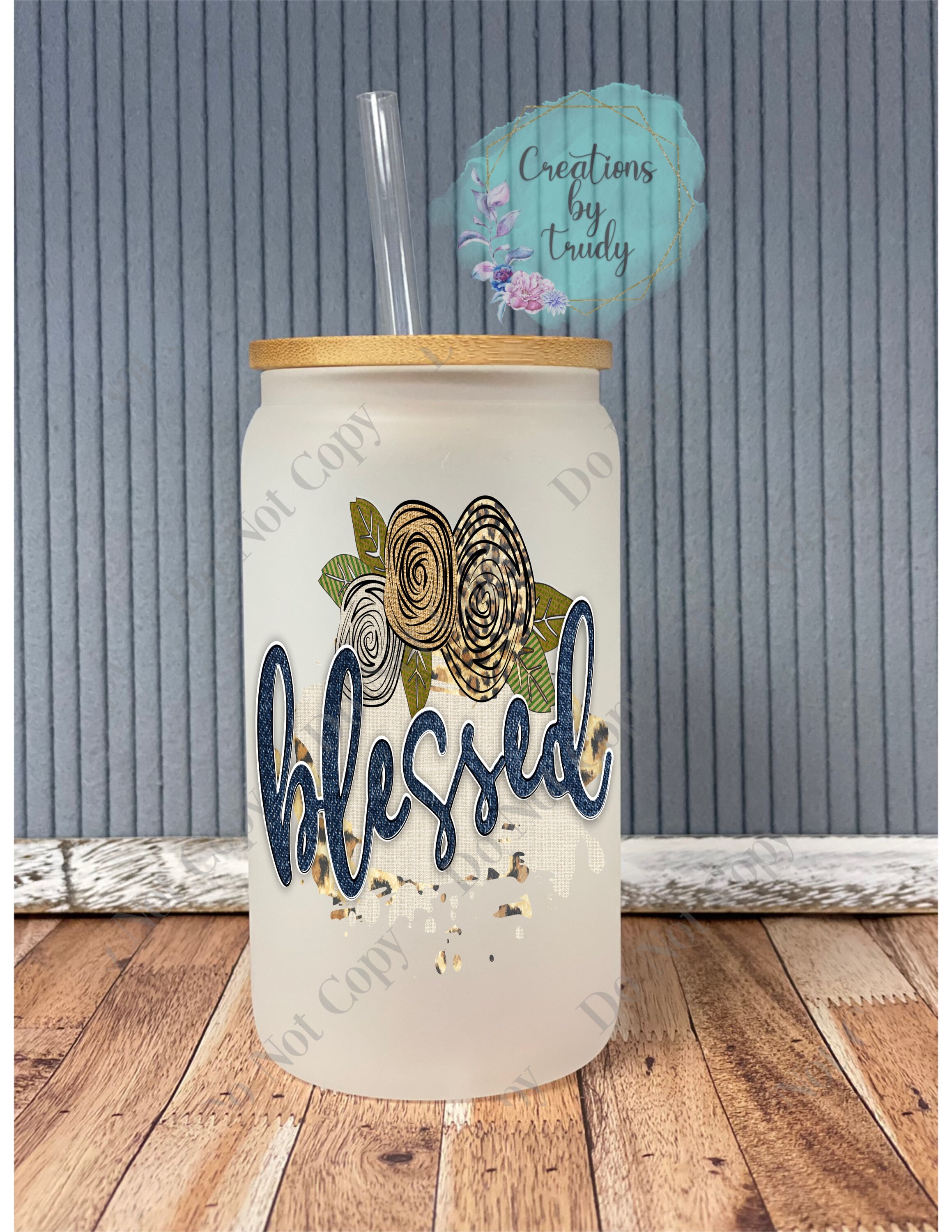 Country chic blessed- frosted can shaped glass with lid and straw