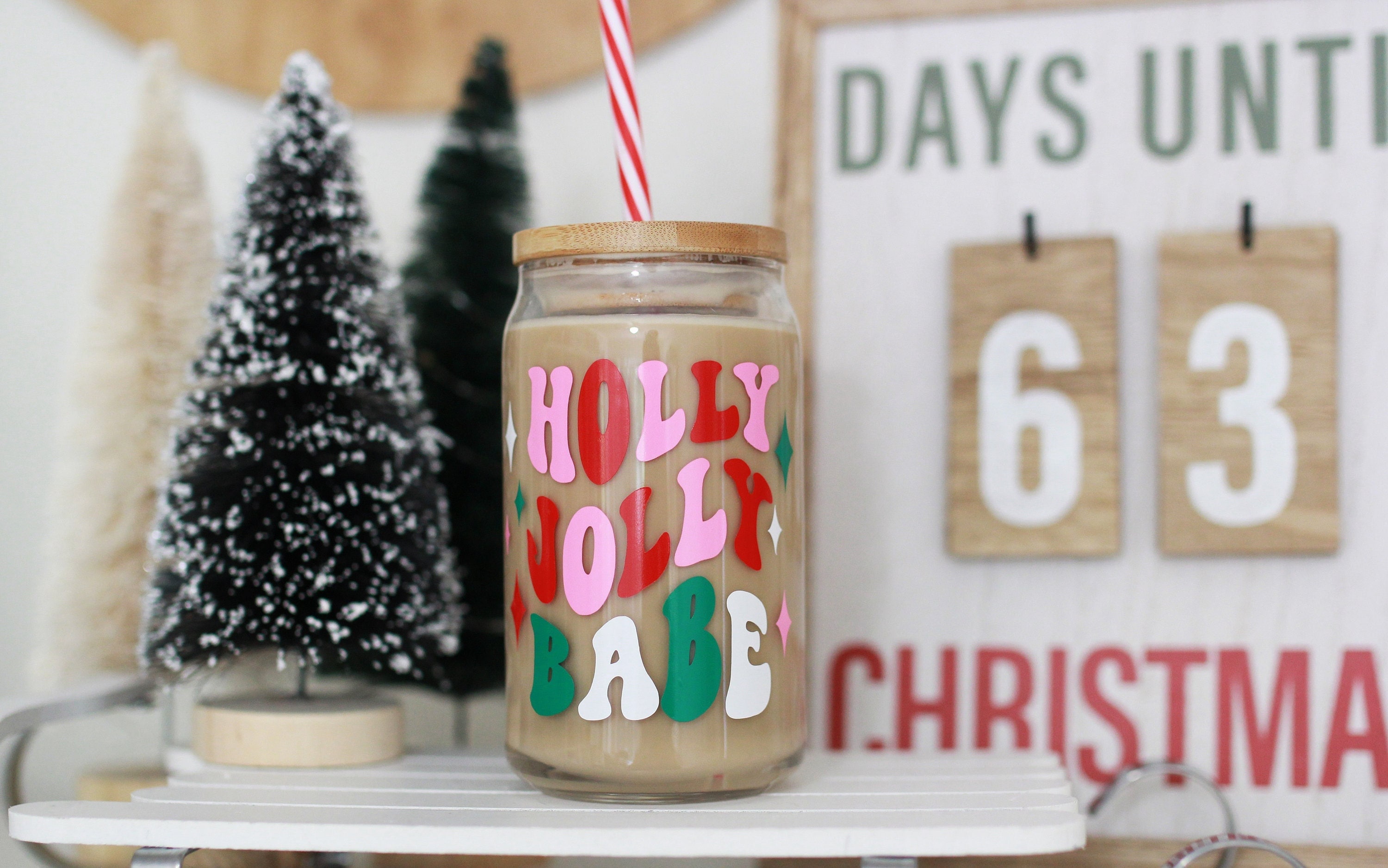 Christmas Coffee Glass, Holly Jolly Iced Coffee Glass, Can Glass, Beer Can Glass, Christmas Tumbler, Coffee Glass, Cup with Lid Straw, Gift