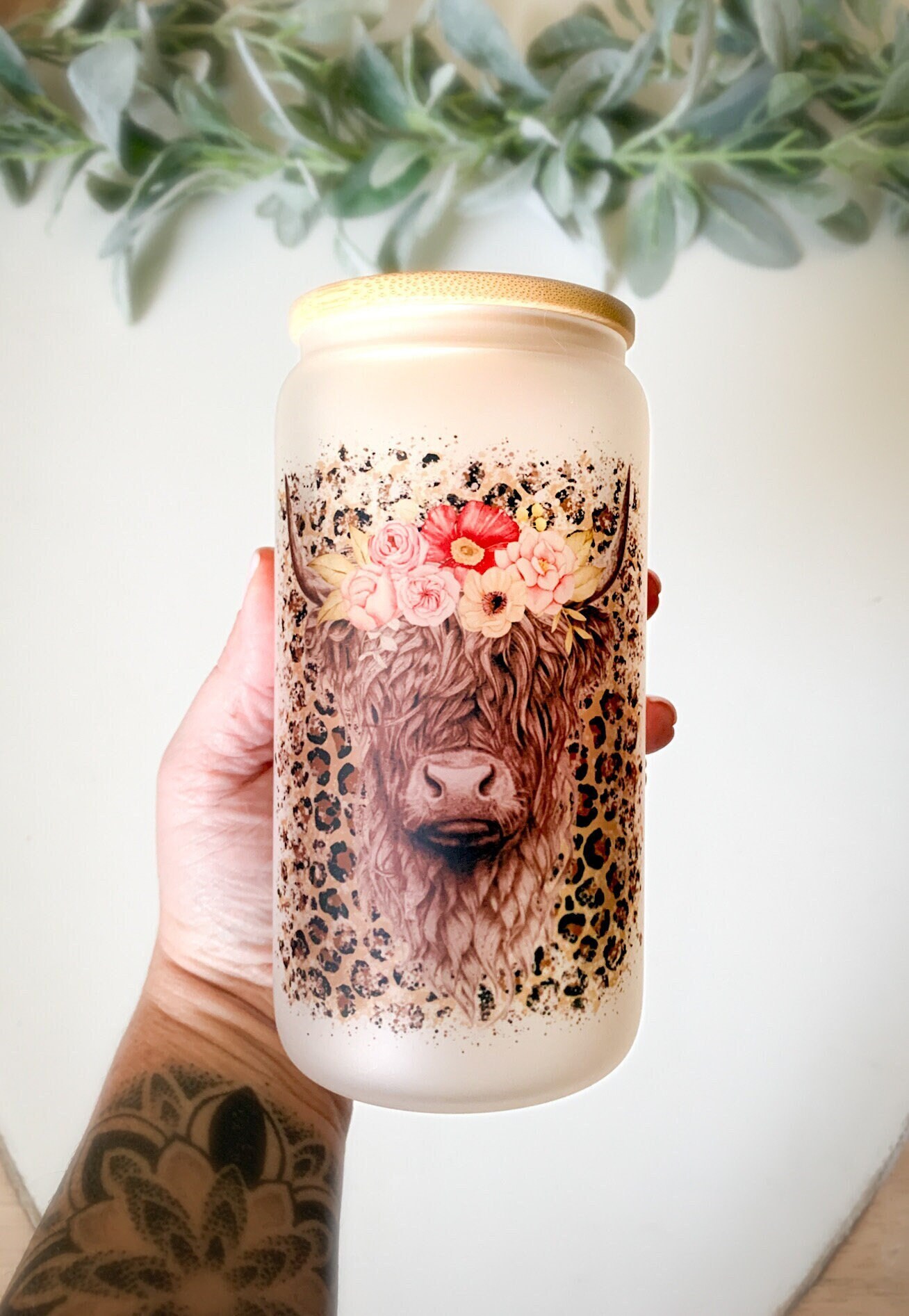 Glass cup – Highland Cow with Leopard background/ Libbey cup/Floral beer can cup/ glass beer can cup