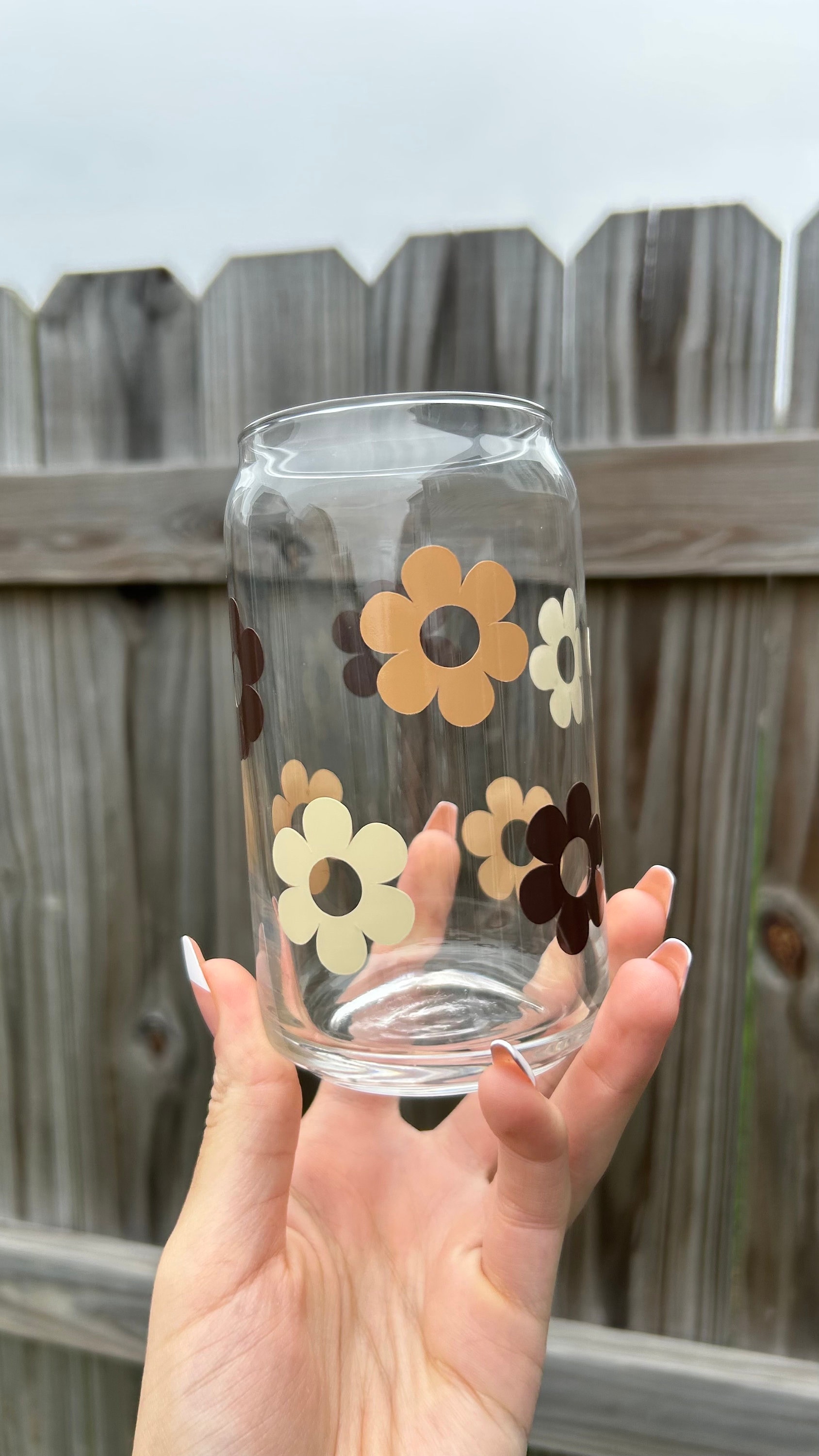 Daisy Glass Cup | Nude Flower Cup | Iced Coffee Glass with Straw | Glass Can | Flower Cup | Daisy Tumbler with Straw | Fall Daisy Cup