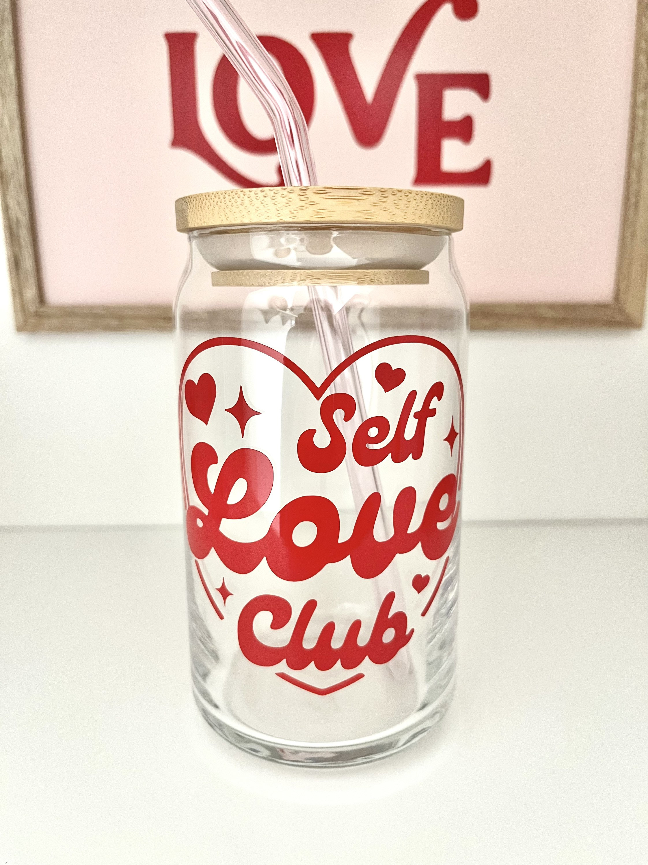 Self Love Club Glass Cup / Valentines Glass Cup / Iced Coffee Glass / Hearts Glass Cup / Cute Coffee Cup / Valentines Gift / Gifts for Her