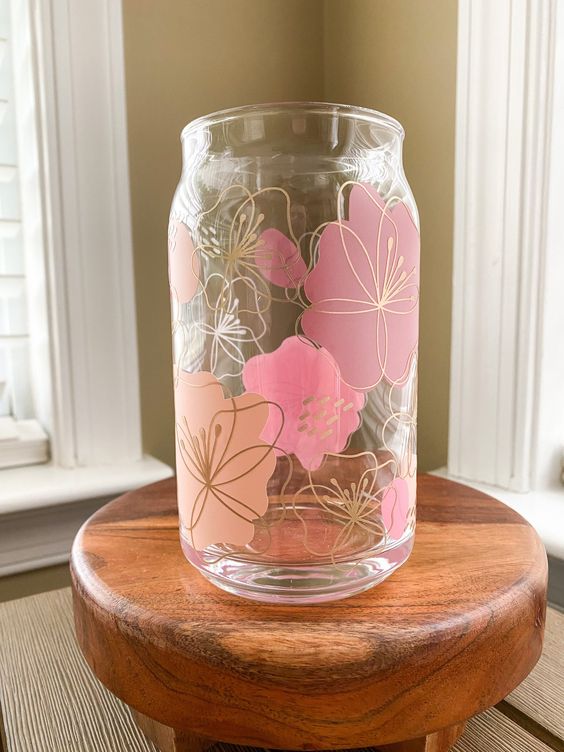 Flowers Beer Can Glass, Flower Beer Can Glass, Floral Coffee Glass, Aesthetic Coffee Glass, Flower Iced Coffee Glass