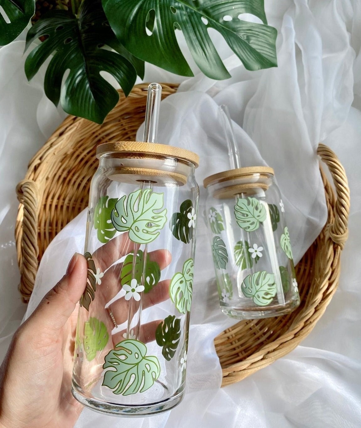 Monstera Beer Can Glass, Libbey Glass Can, Iced Coffee Glass, Monstera and Daisies Glass Cup, Plant Lover Gift, Plant Mom, Custom Glass