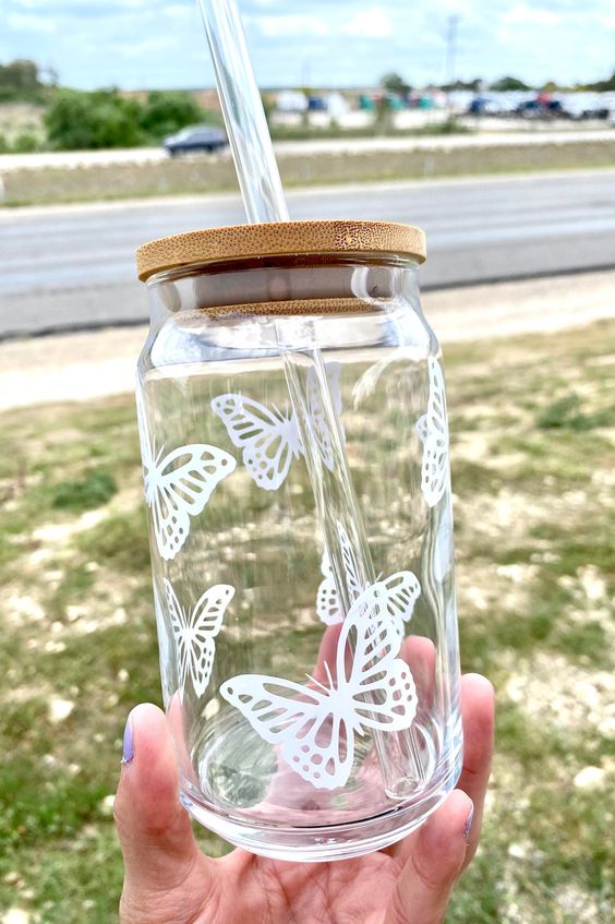 Butterfly Cup, Butterfly Glass, Iced Coffee Glass, Spring Glass Tumbler