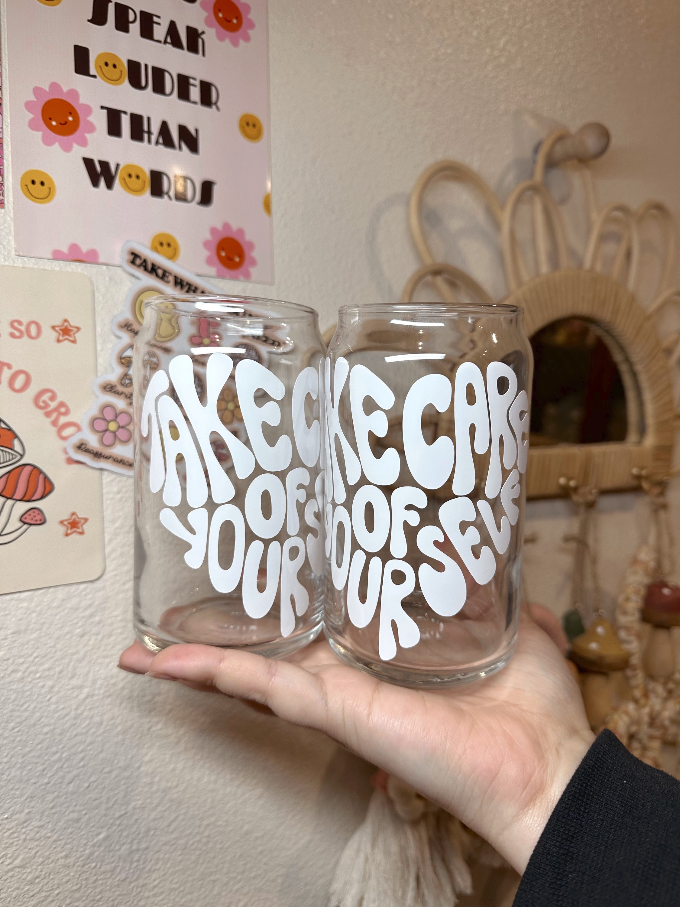 Take Care Of Yourself Glass Cup, Retro Glass Cup, Groovy Glass Cup, Reminder Glass Cup, Trendy Glass Cup