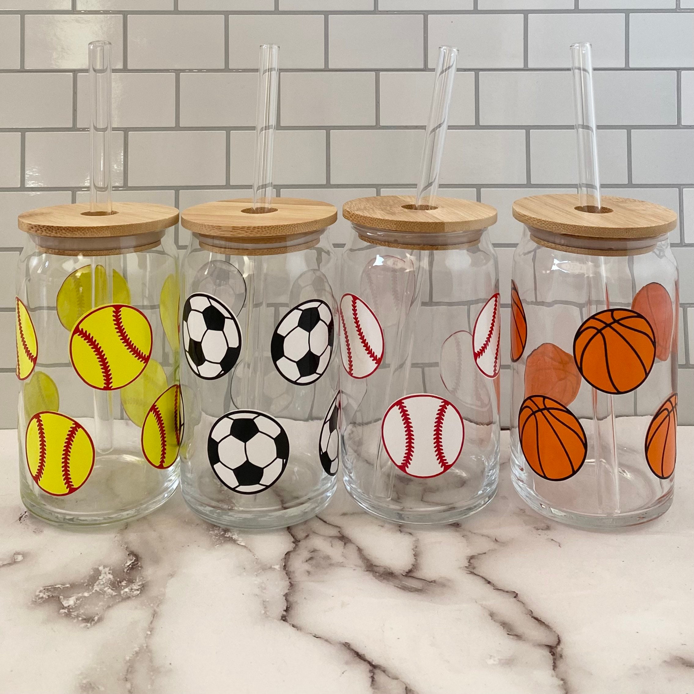 Personalized Sports 16oz Glass Soda Can Reusable Cup w/ Bamboo Top & Glass Straw-Glass Cup-Glass Beer Can Cup Coaches Gift Iced Coffee Cup